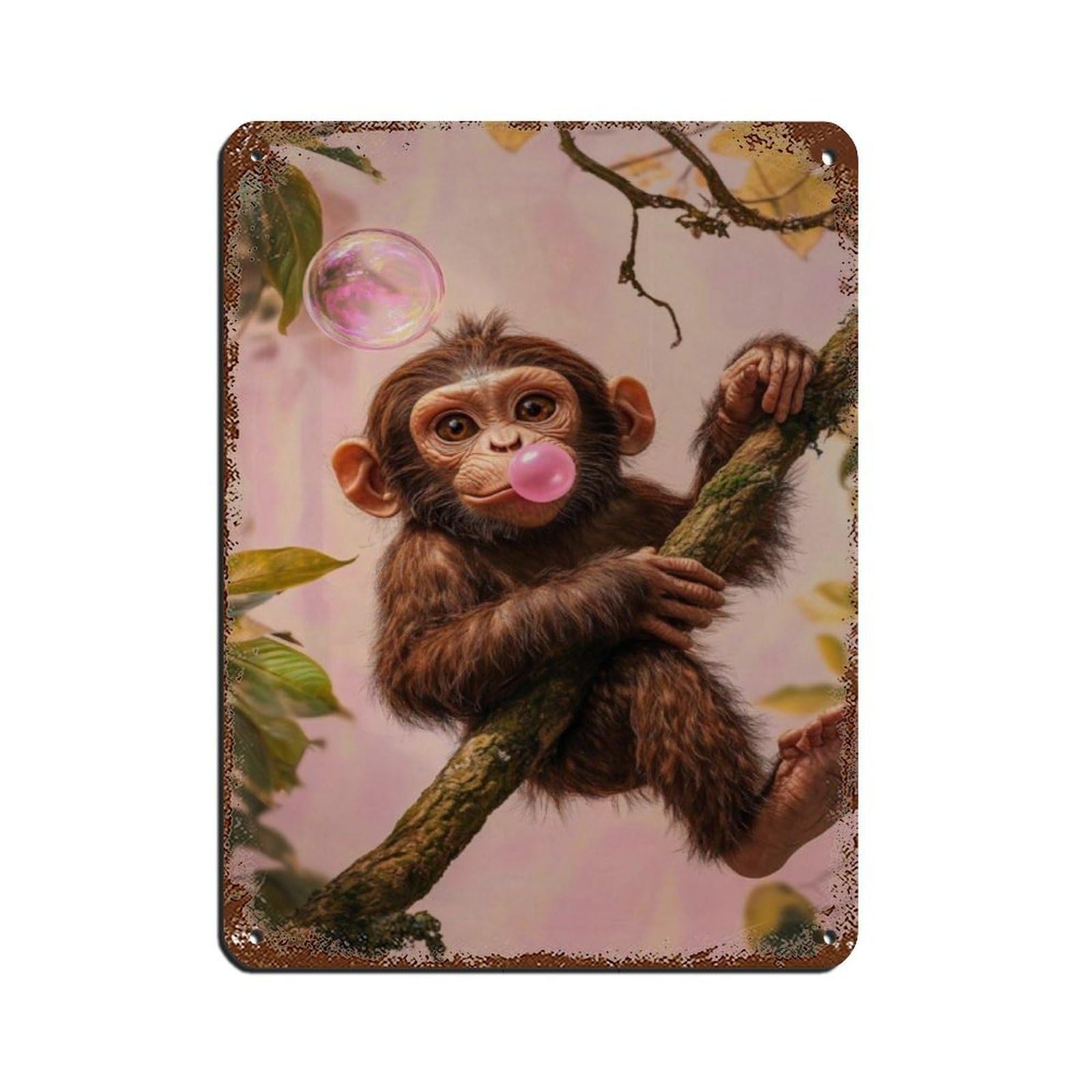 Adorable Baby Monkey Blowing Bubble Gum Art Tin Sign Vintage Metal Pub Club Cafe Bar Home Wall Art Decoration Poster Retro 12x16inch(30x40cm)
