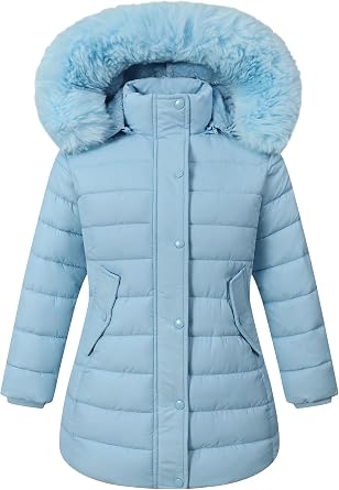 Girls Long Puffer Winter Coat Kids Removable Hood Parka Jacket | Waterproof Polyester Outer, Soft Fleece Lined, Adjustable Cuffs, Lightweight Warm Jacket for Daily Outdoor Activities
