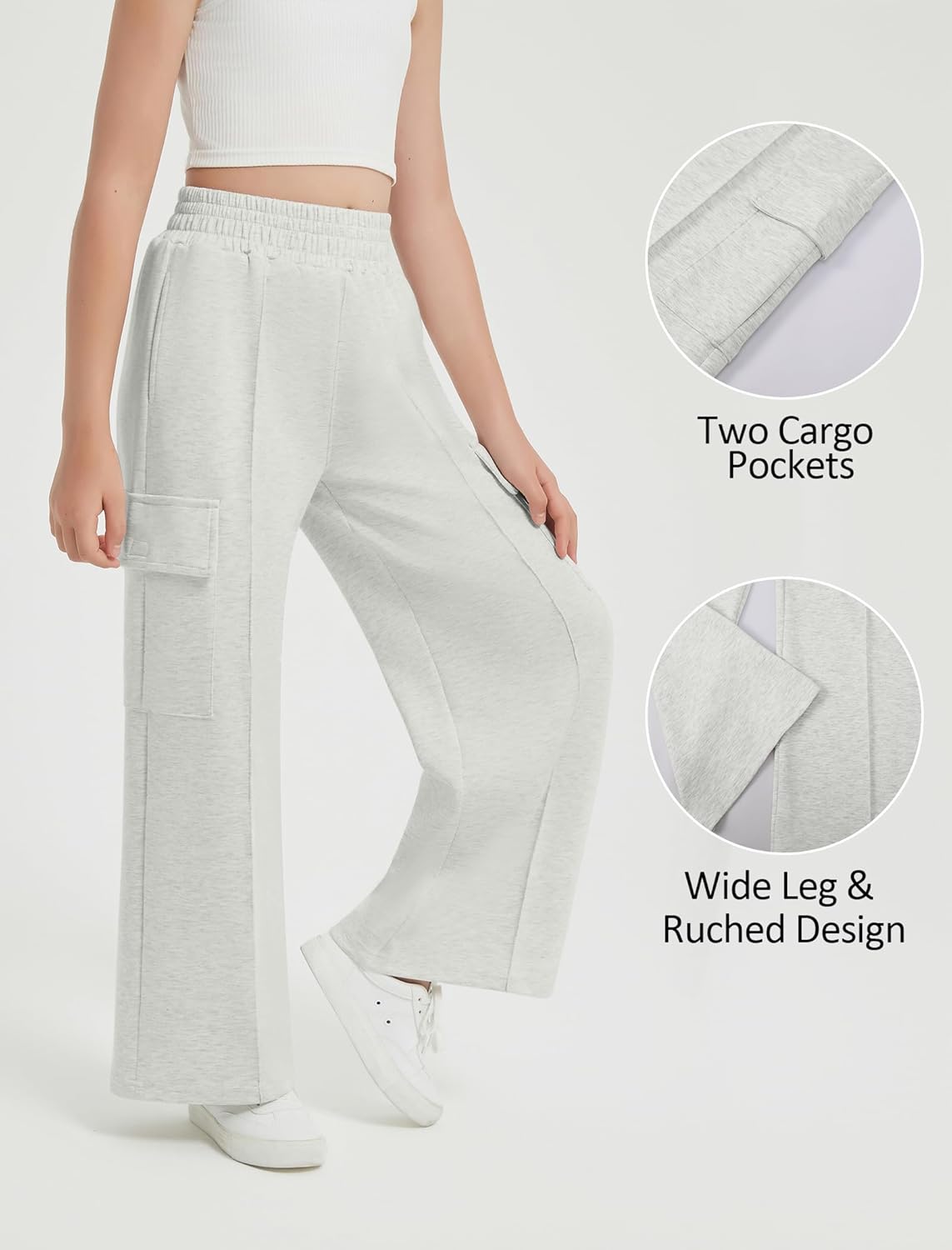 EXARUS Girls Sweatpants Wide Leg Baggy Teen Sweat Pants Cargo/Side Striped/Crossover V Waist Casual with Pockets 6-14Y - Image 4