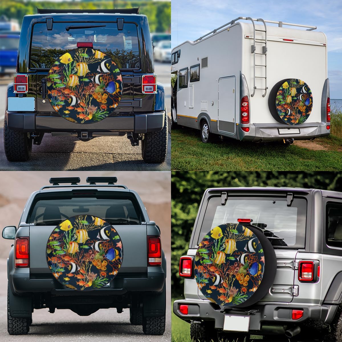 Tropical Marine Fish Tire Covers Portable Spare Tire Cover Soft Durable Waterproof Dustproof 3 Sizes 14 15 16 Inches for Car Truck SUV Trailer Camper