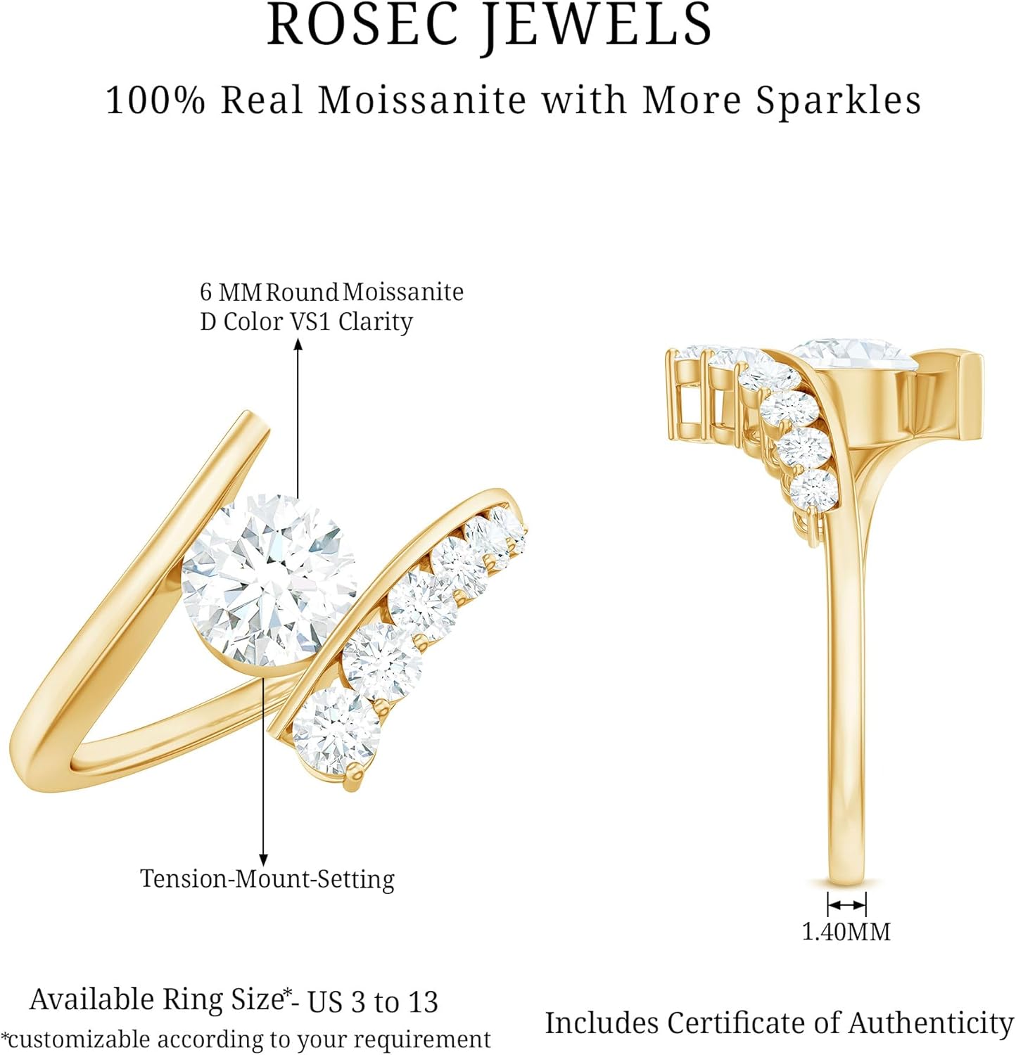 Certified Moissanite Round Engagement Ring For Women, D-Vs1 Quality, Moissanite Bypass Ring (Ready To Gift)