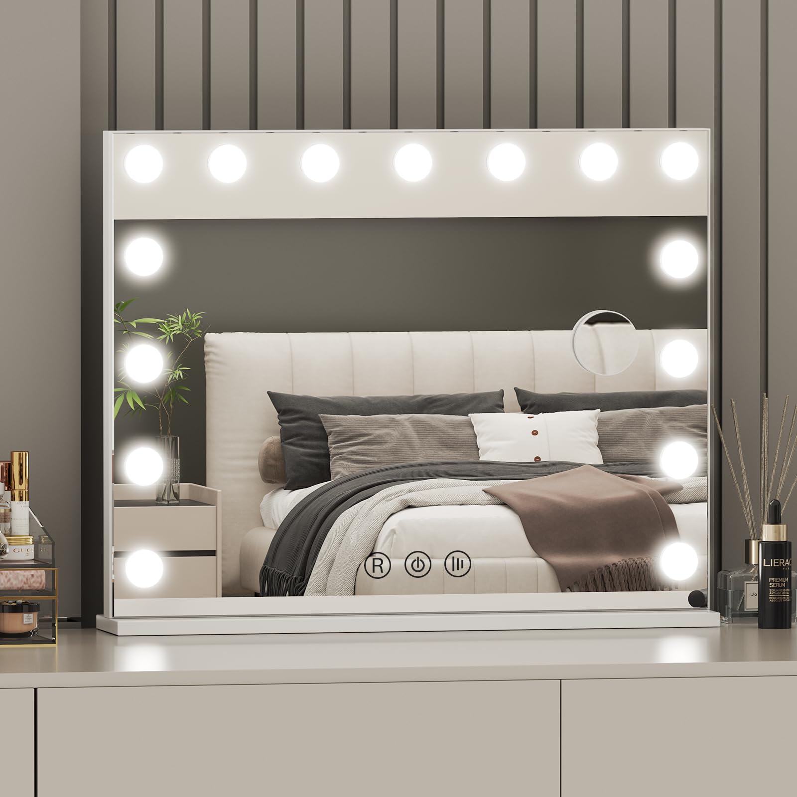 Espejo Maquillaje con Luz 58 x 46 cm, 15 LED, 3 Modos de Luz, Espejo de cortesía Hollywood, Accesorio de Aumento Incluido, Control Táctil, Función de Memoria, para Dormitorio