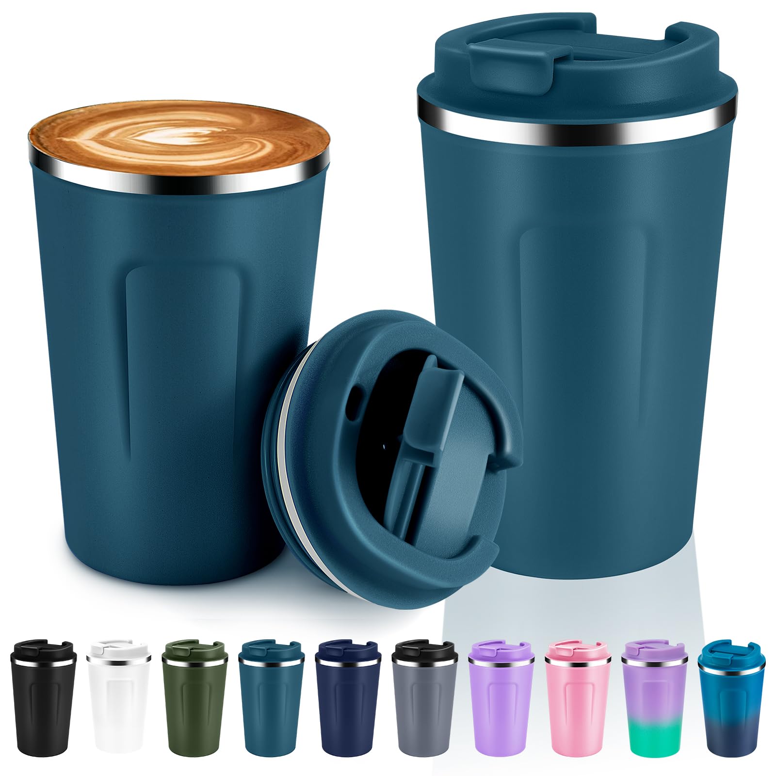 Volhoply 340ml 12oz Double Wall Insulated Vacuum Travel Coffee Mugs with Flip Lid Bulk 2 Pack,Reusable Stainless Steel Leak Proof Coffee Cup,Cafe Thermal Tumbler for Hot & Cold Drinks(Bule,2 Set)