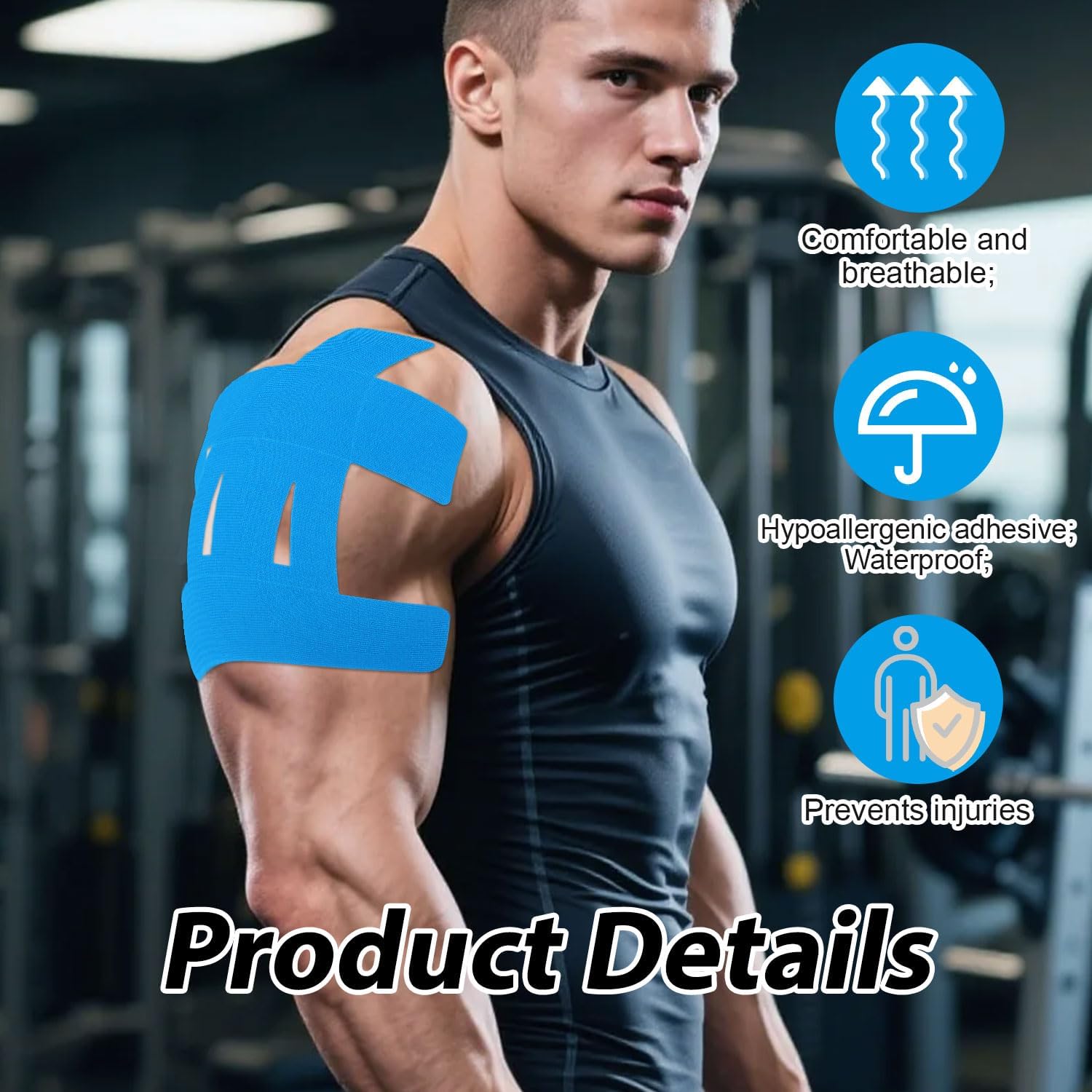 10pcs Kinesiology Tape for Shoulder, Waterproof Muscle Tape Precut Strips Breathable Elastic Athletic Accessories for Body Fitness Shoulder Support Sports & Physical Relaxation (Blue)
