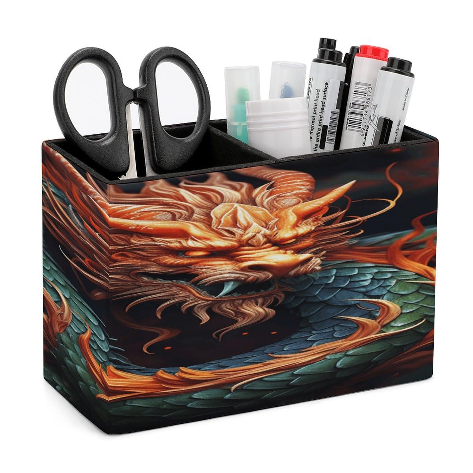 VstaDank Chinese Dragon Pen Holder Double Compartments Pen Cup Fashion Makeup Brush Holders Leather Pencil Holder for Work Locker Accessories Modern Pencil Cup for Desk Organizer