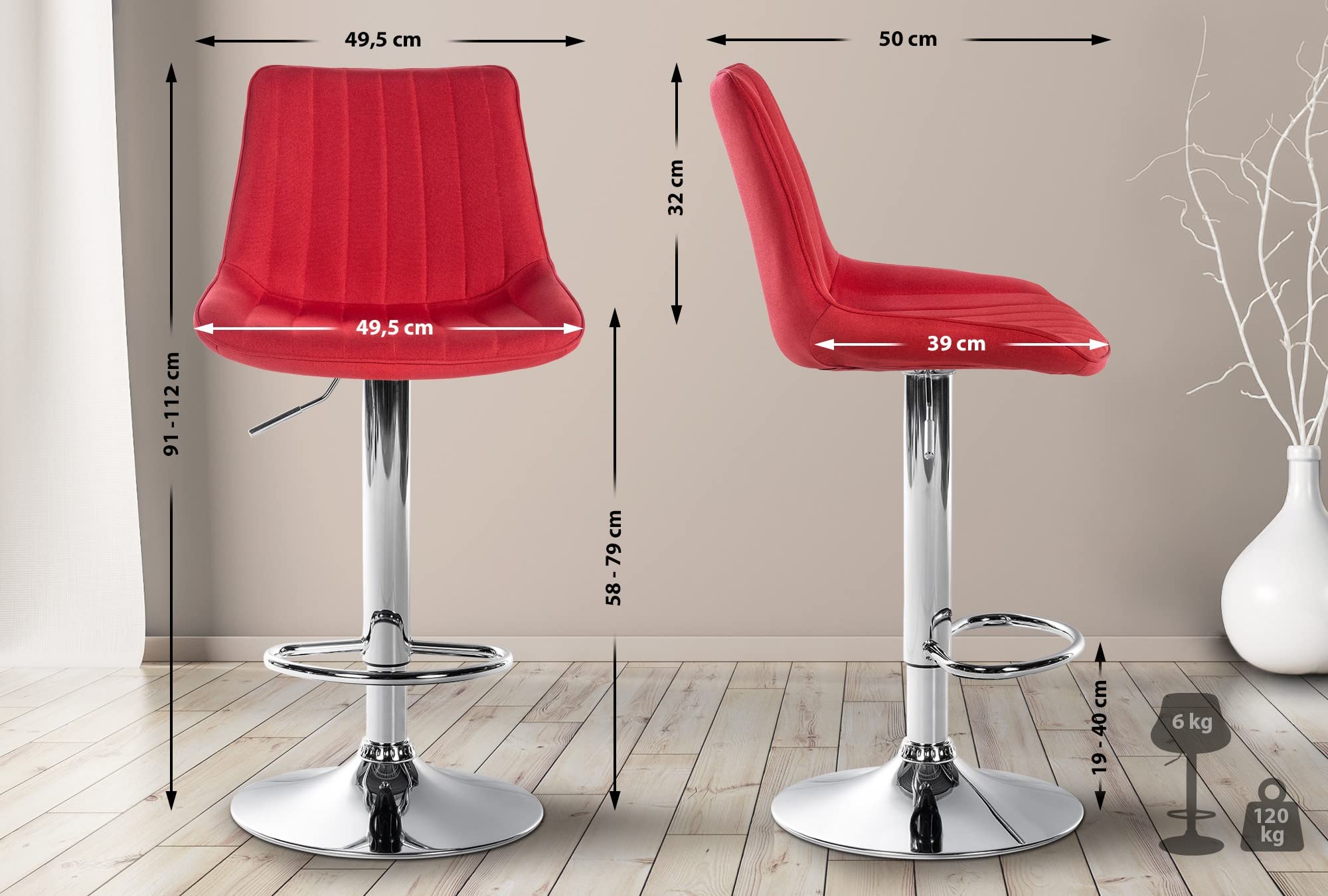 Tabouret De Bar Toni En Velours - Hauteur Réglable, Pivotant 360° - Avec Repose-pieds Et Protecteurs De Sol - Charge 120kg