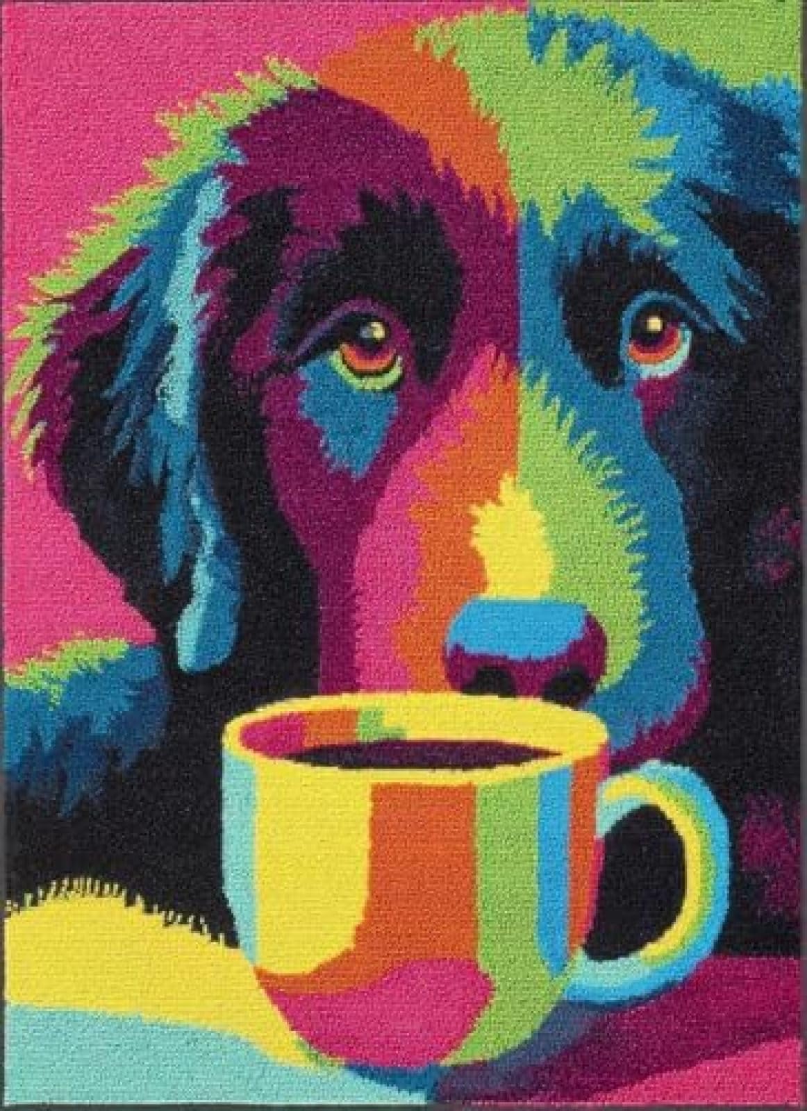 XDEGHUANGSS Latch Hook Rug Kit Flat-Coated Retriever Puppy Drink Coffee Cushion Cover DIY Craft Set Pre-Printed Mat 38x52cm for Home Decor