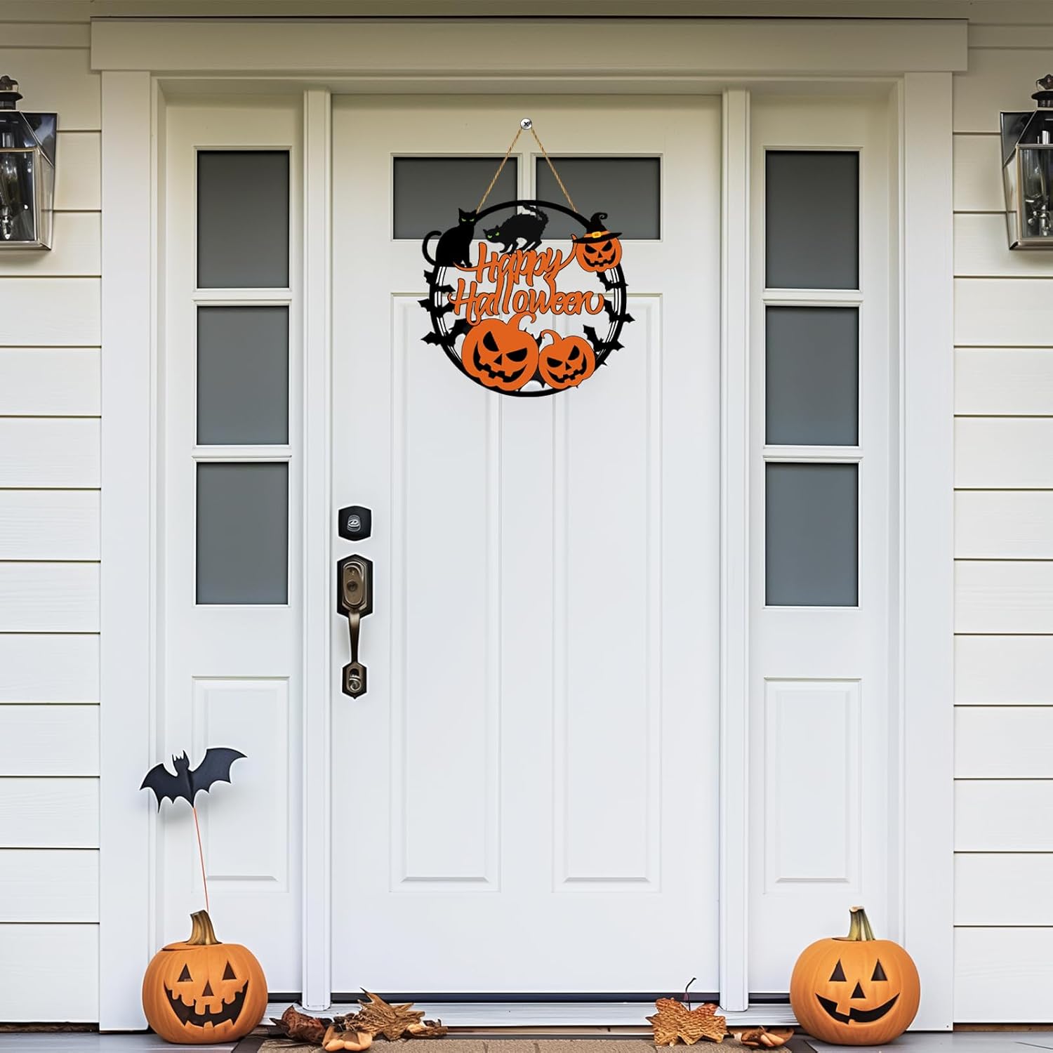 Halloween Door Decorations Halloween Wreath Scary Pumpkin Black Cat Bat Front Door Hanger Wooden Hanging Sign Wall Decor for Room Party Indoor Home Decor