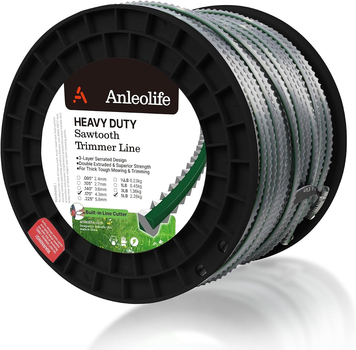 Anleolife Línea de corte con dientes de sierra de 0,170" para cortacésped con operador a pie, 440 pies 5 lb | Cable de cortacésped dentado de 3 capas para cepillos duros, líneas de zanjas, bordes de campo, cabezales de alta capacidad clasificados .170; el cortador ayuda a recargar