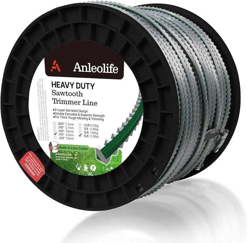 Anleolife Línea de corte con dientes de sierra de 0,170" para cortadora de césped con operador a pie, 440 pies 5 lb | Cable de cortadora de césped dentado de 3 capas para cepillos duros, líneas de zanjas, bordes de campo, cabezales de alta capacidad clasificados .170; el cortador ayuda a recargar