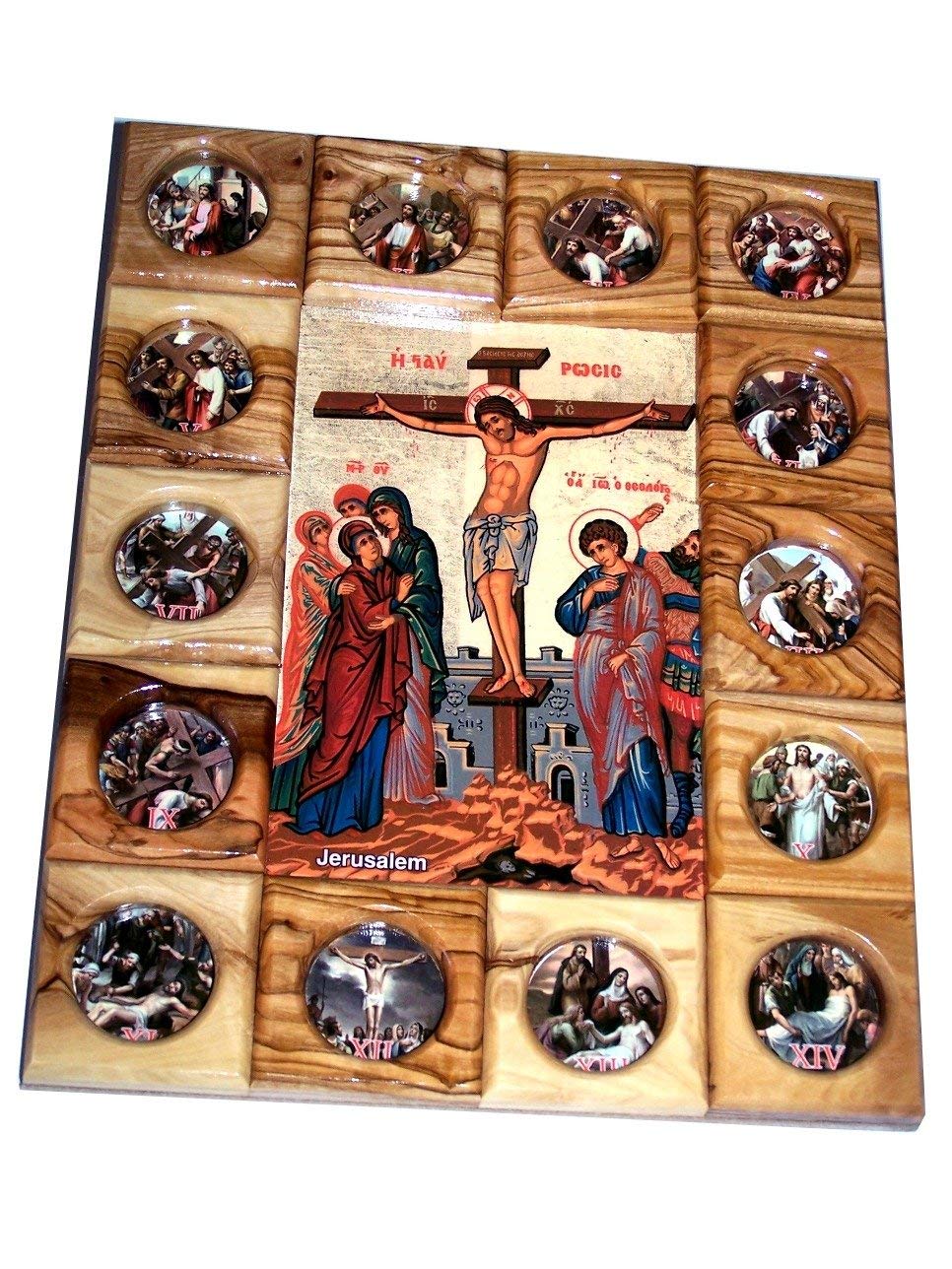 Holy Land Market Stations of The Cross Icon Plaque All in Olive Wood from Bethlehem (29 x 24 cm or 1