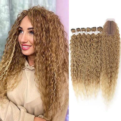 NOBLE Extensiones de cabello sintético rizado con cierre de encaje, 30 pulgadas de largo, rizado, resistente al calor, extensiones de cabello