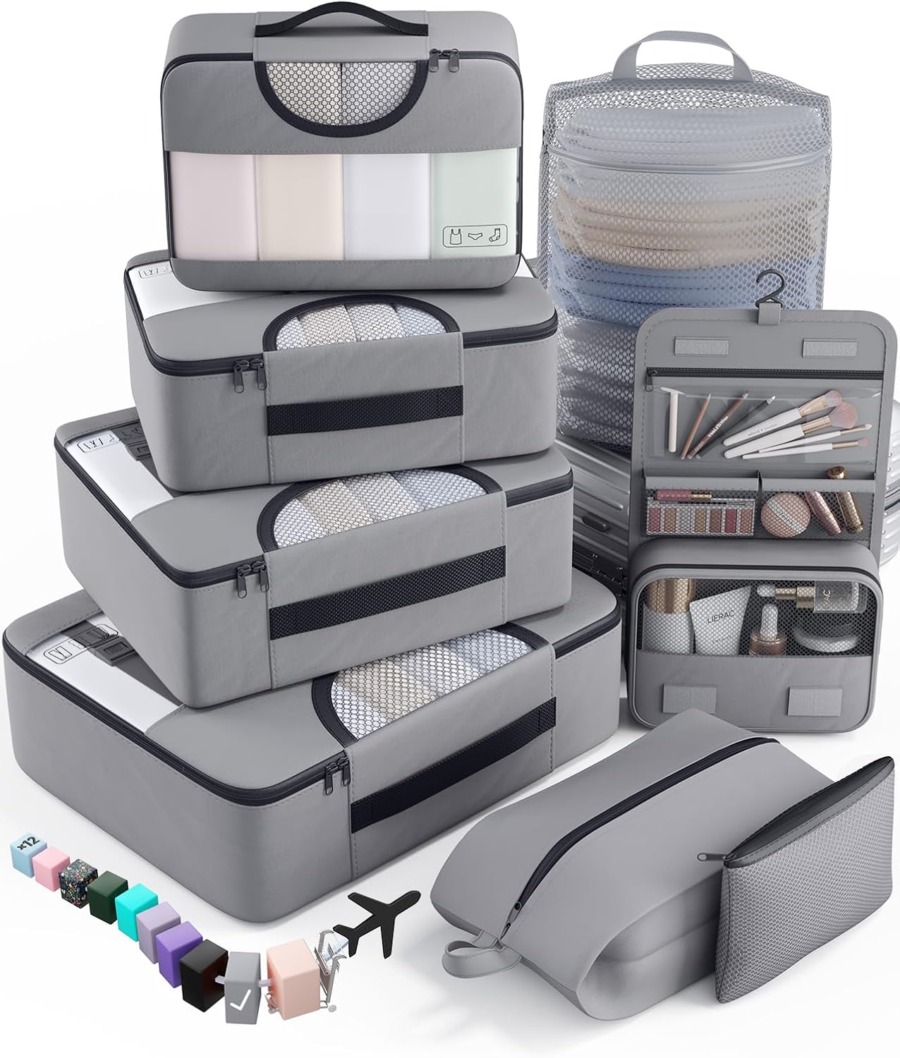 Veken 8 Set Packing Cubes for Travel Essentials, Suitcase Organizer Bags in 4 Sizes, Carry-On Luggage Accessories with Large Laundry & Hanging Toiletry Bag, Must-Have for Airplane, Road Trip & Camping