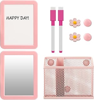 Magnetic Girls Locker Accessories Set, Back to School Essentials (with Magnetic Whiteboard, Locker Mirror, Pen Holder, Marker, Round Magnet) School Locker Decor, Work Locker Organizers-Pink