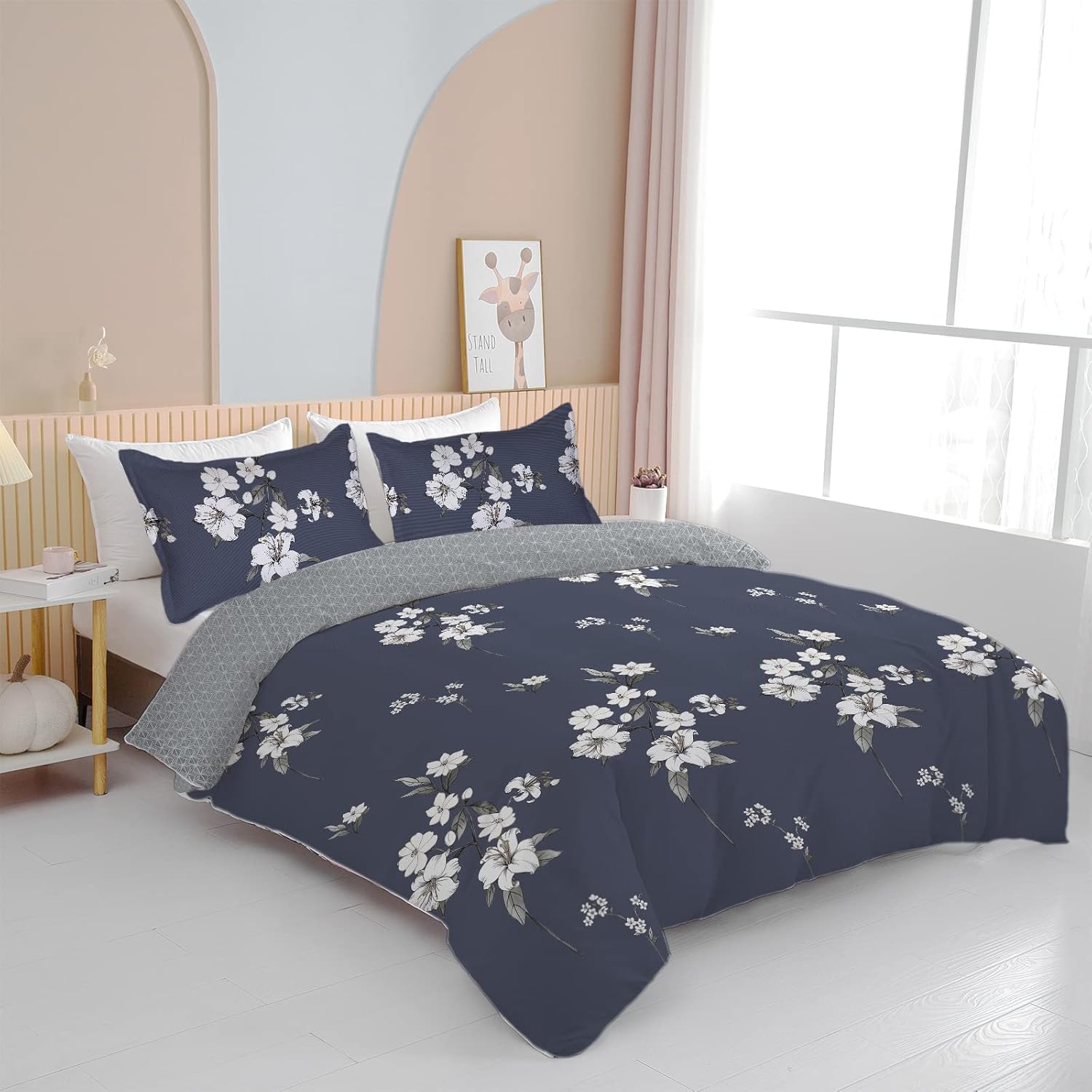 BEDMUST White Floral Duvet Cover King Size - 100% Microfiber Floral Comforter Cover with Leaf, Garden Flowers Navy Blue Bedding with Zipper Closure & Corner Ties