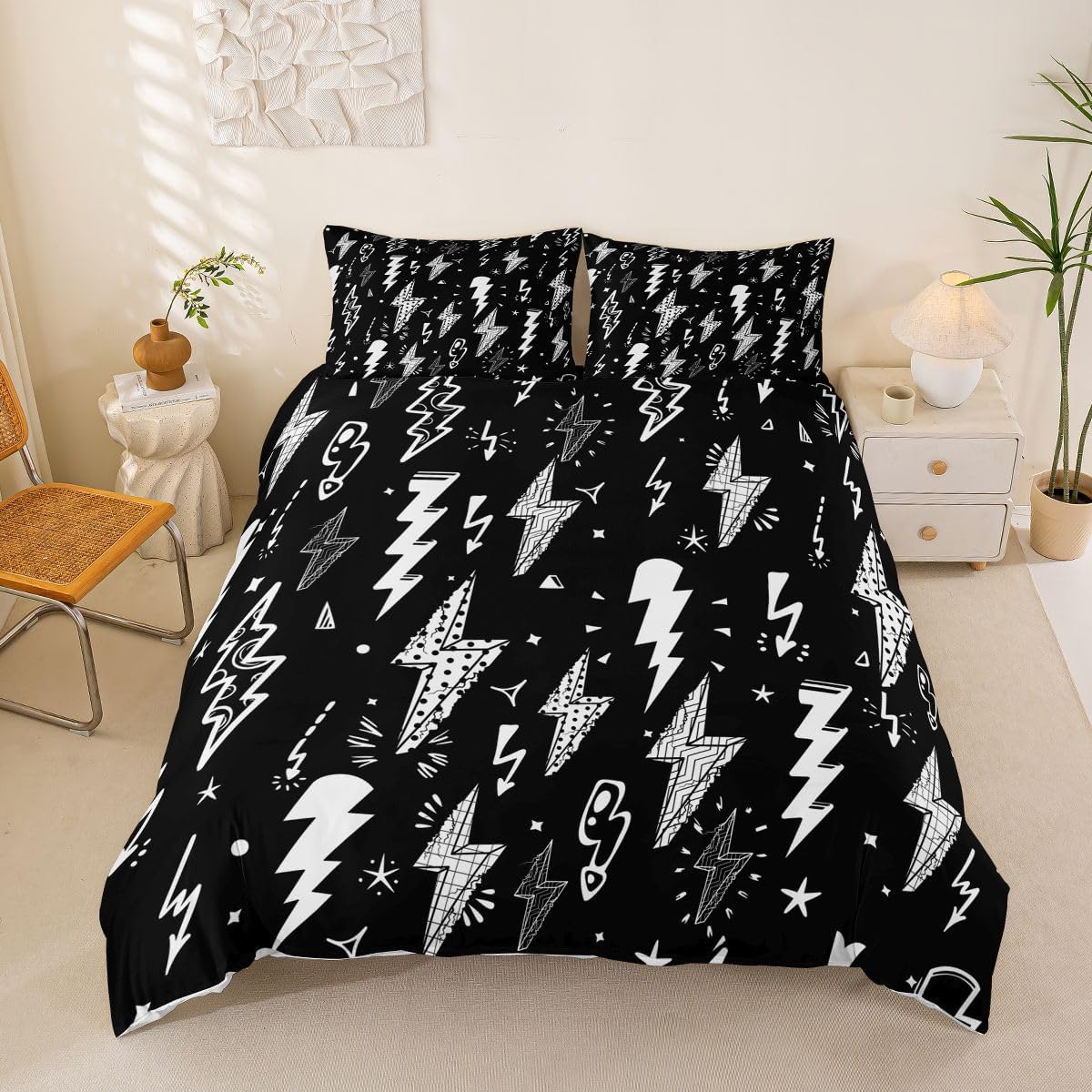 Homewish Lightning Duvet Cover Set Hand Drawn Doodle Lightning Bolt Bedding Set 3pcs for Kids Boys Thunderbolts Comforter Cover Microfiber Bedspread Cover with 2 Pillow Cases(No Comforter) Full Size