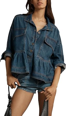 D-Sun Womens Denim Cropped Top Babydoll Long Sleeve V Neck Pullover Button Down Blouses Top