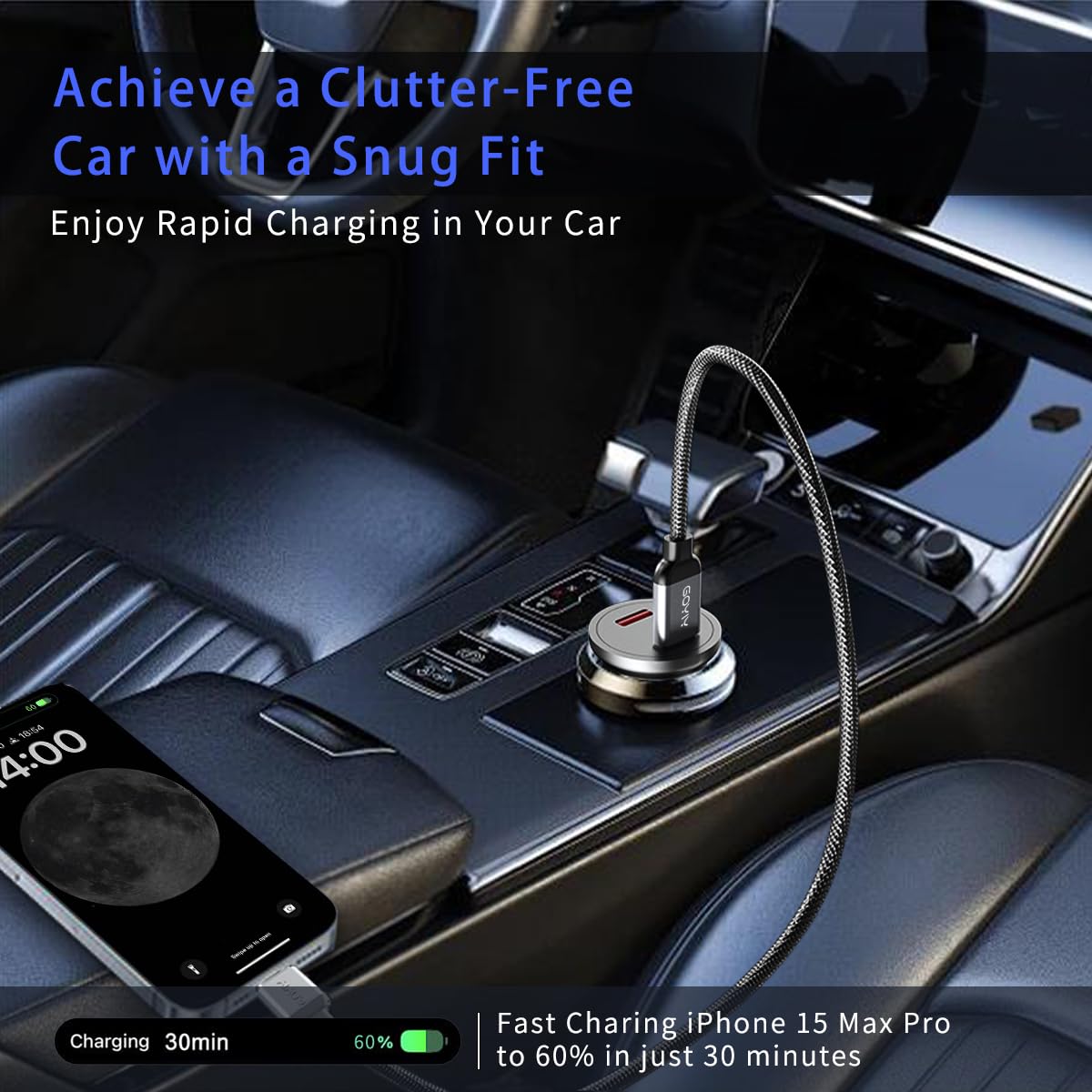 Cargador de coche USB C con cable USB C trenzado de 60 W, 3 pies, paquete de 2, mini encendedor de cigarrillos USB C de 60 W, doble PD3.0 compatible con iPhone 15, Galaxy, iPad Pro, MacBook Air,