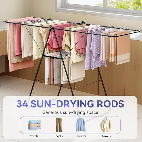 Miniatura 4 de APEXCHASER Escurridor de ropa, plegable de gran tamaño con cubierta de pie en forma de U, altura ajustable, estante de lavandería multibarra, uso en