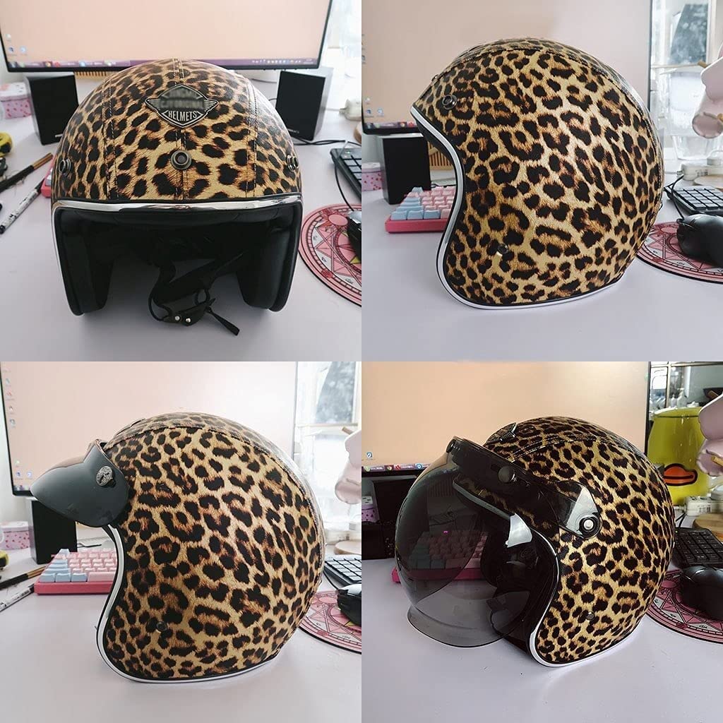 Ever TA Retro Open Face Helmet 3/4 Leopard Vintage Motorcycle Half Face Helmets with Removable Hat Brim, DOT Certified Light Motorbike Jet Helmet for Cruiser Scooter Chopper ATV : Automotive
