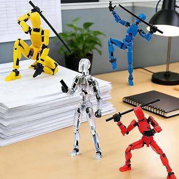 T13 Action Figure, Assembly Completed Dummy 13 3D Printed Kit|4Pcs | DIY Movable Joint Model, Articulated Design with Weapons for Stop Motion Figures (Red Blue White Yellow)