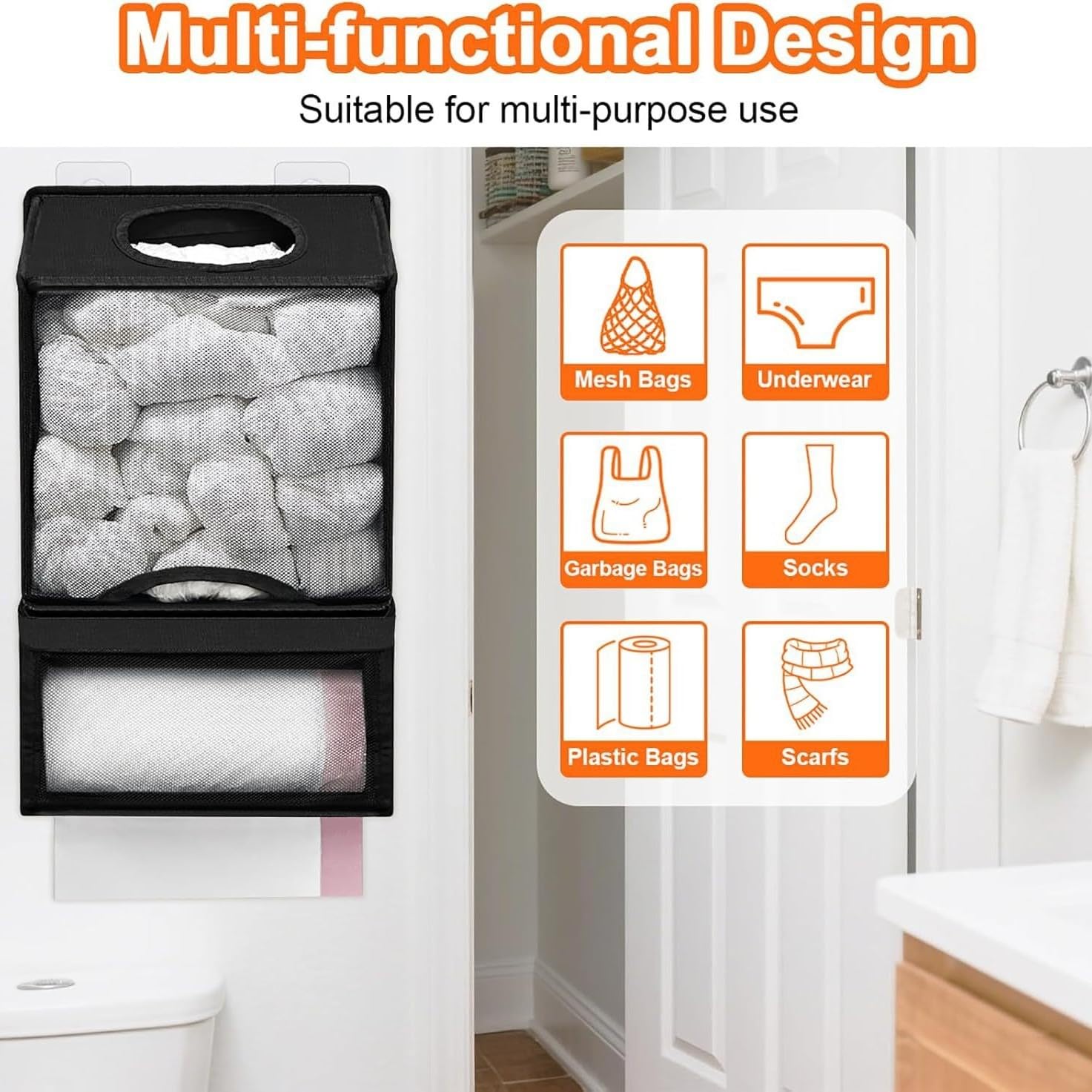 Organizador de bolsas de malla extragrande 2 en 1, dispensador de bolsas de basura, organizador de almacenamiento colgante sin taladrar para bolsas de plástico, soporte para bolsas de comestibles con
