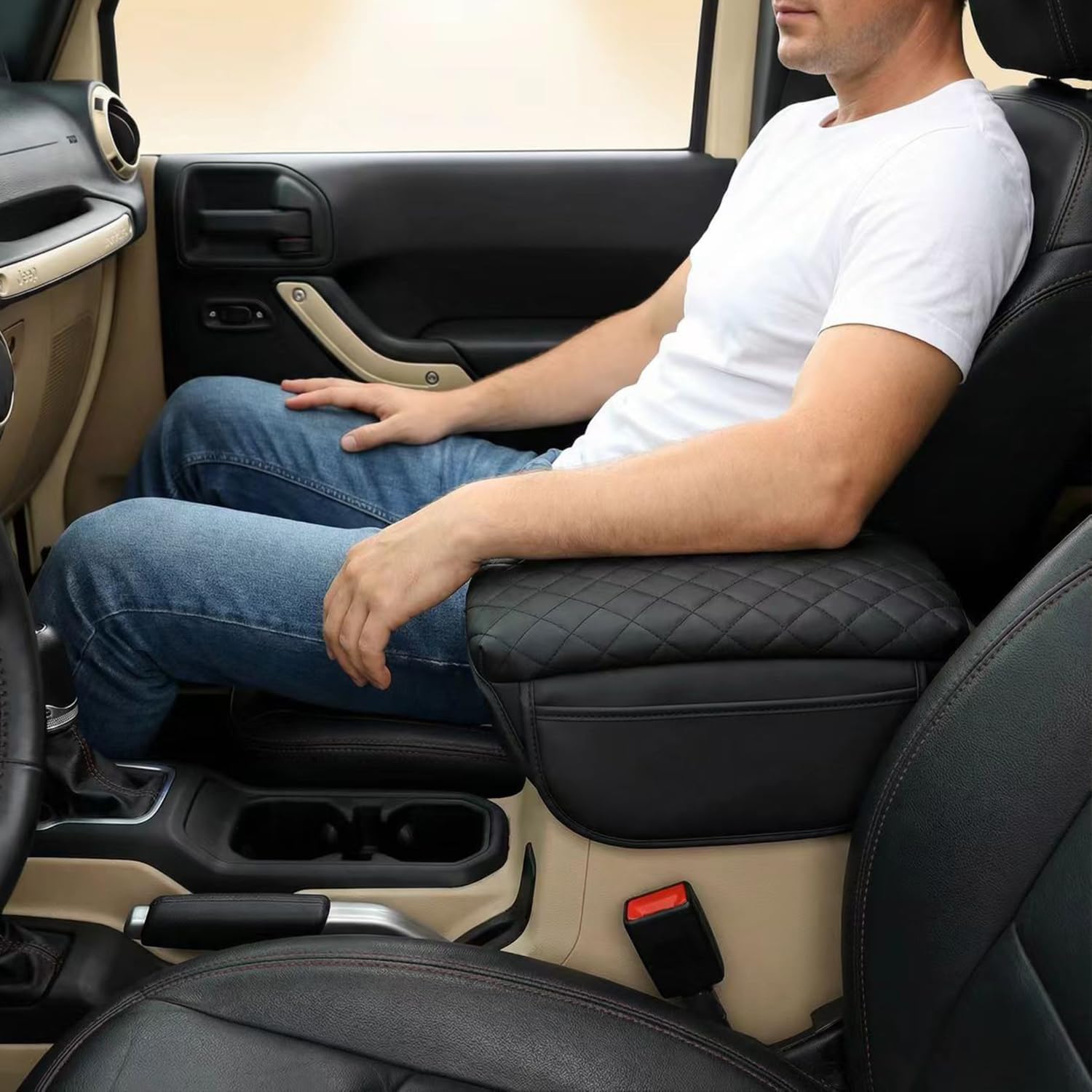 Center Console Cover for Jeep Wrangler JL 2018-2025, Armrest Cushion Pad with Pockets for Jeep Gladiator JT 2020-2025, Arm Rest Cover for Wrangler JL JLU&Gladiator JT Accessories