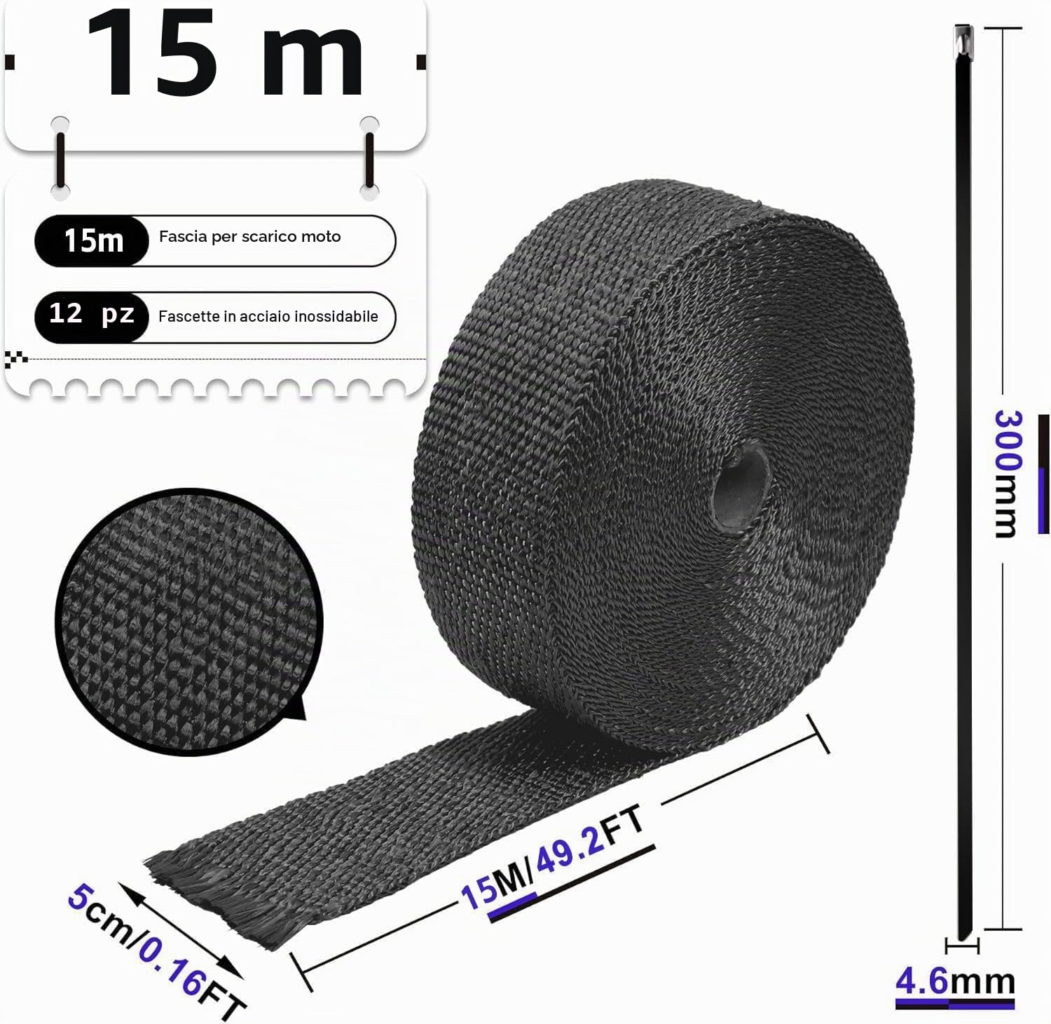 Foneso Benda Termica per Scarico Marmitta 15M, Nero Bende Termiche con 12 Nero Fascette Metalliche, Bende Termiche Moto per Tubo Scarico.