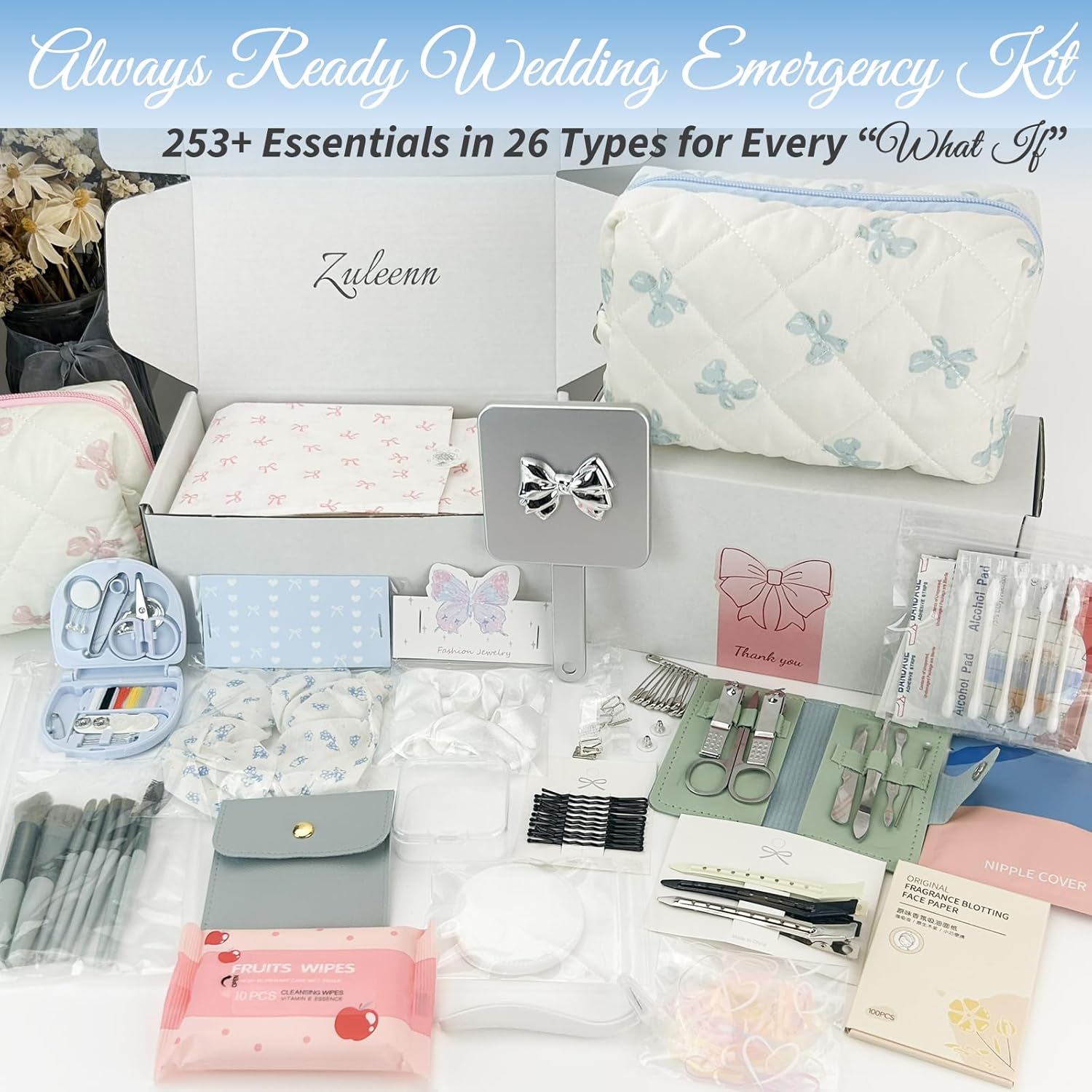Bridal Emergency Kit for Wedding - 253+ Piece Wedding Essentials Survival Set for Team Bride, 26 Tool Types Must Haves & Portable Travel Kit with Makeup Bag for Wedding Day