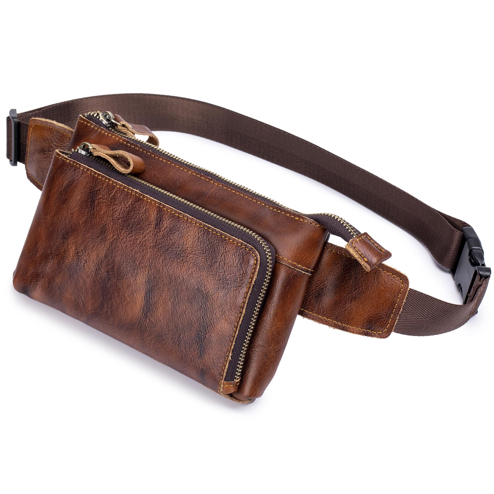 Myunxui Vintage Genuine Leather Waist Bag Fanny Pack for Men Women Hip Bum Bag Travel Pouch Sling Bag Crossbody Chest Bags Shoulder Daypack Multiple