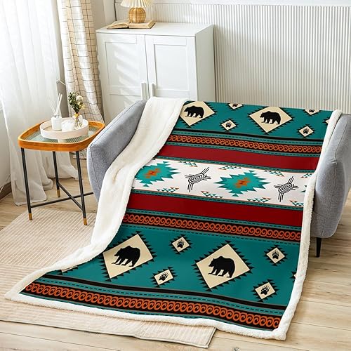 Manfei Manta de oso rústico, manta étnica tribal verde azulado para sofá, manta de cama azteca nativa americana para decoración de habitación de