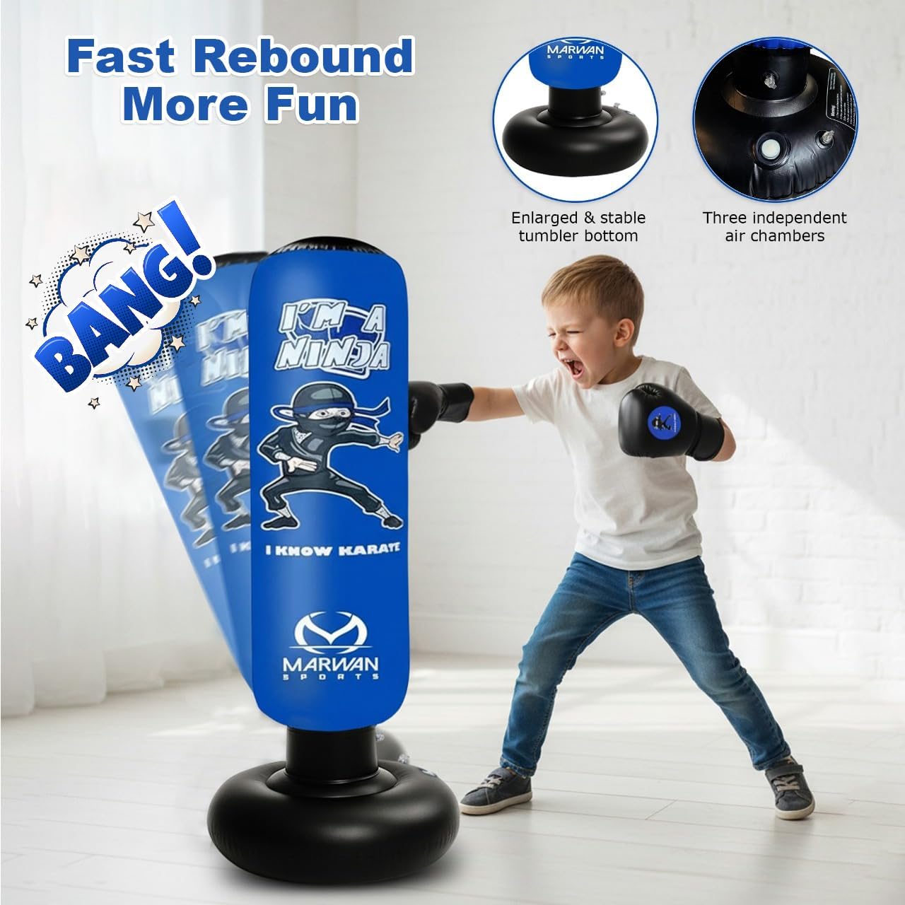 Marwan Sports 5-in-1 Kids Punching Bag Set with Gloves, Pump & Funnel – 63” Inflatable Boxing Bag for Kids 4-12, Durable PVC, Fast Rebound, Waterproof Base Cover with Handles, Gift for Boys & Girls