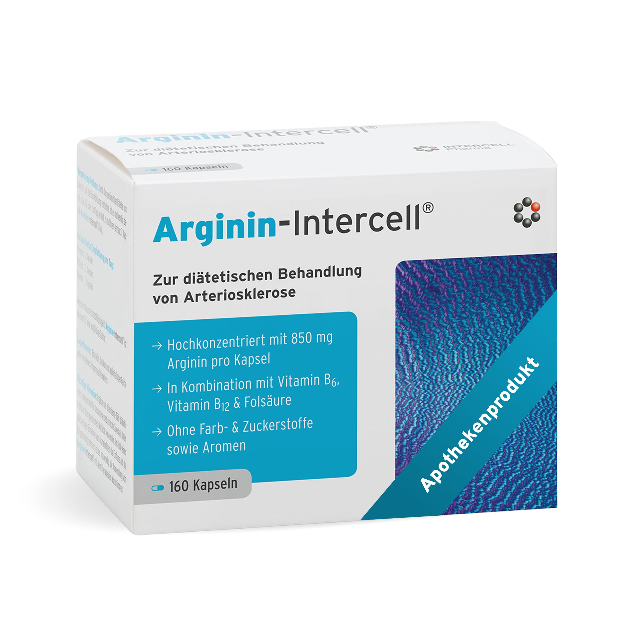 Arginin Intercell (160 Kapseln) – Reines L-Arginin Base aus pflanzlicher Fermentation (99,8%) – Hochdosiert zum Diätmanagement – Mit B6, B12 & Folsäure – Vegan
