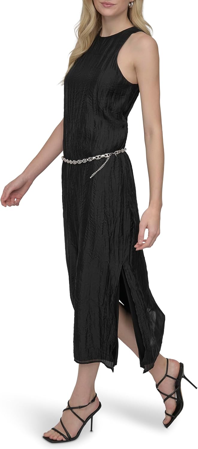 DKNY Women's Sleeveless Jewel Neck Removable Chain Belt Midi Dress Lined - Image 3