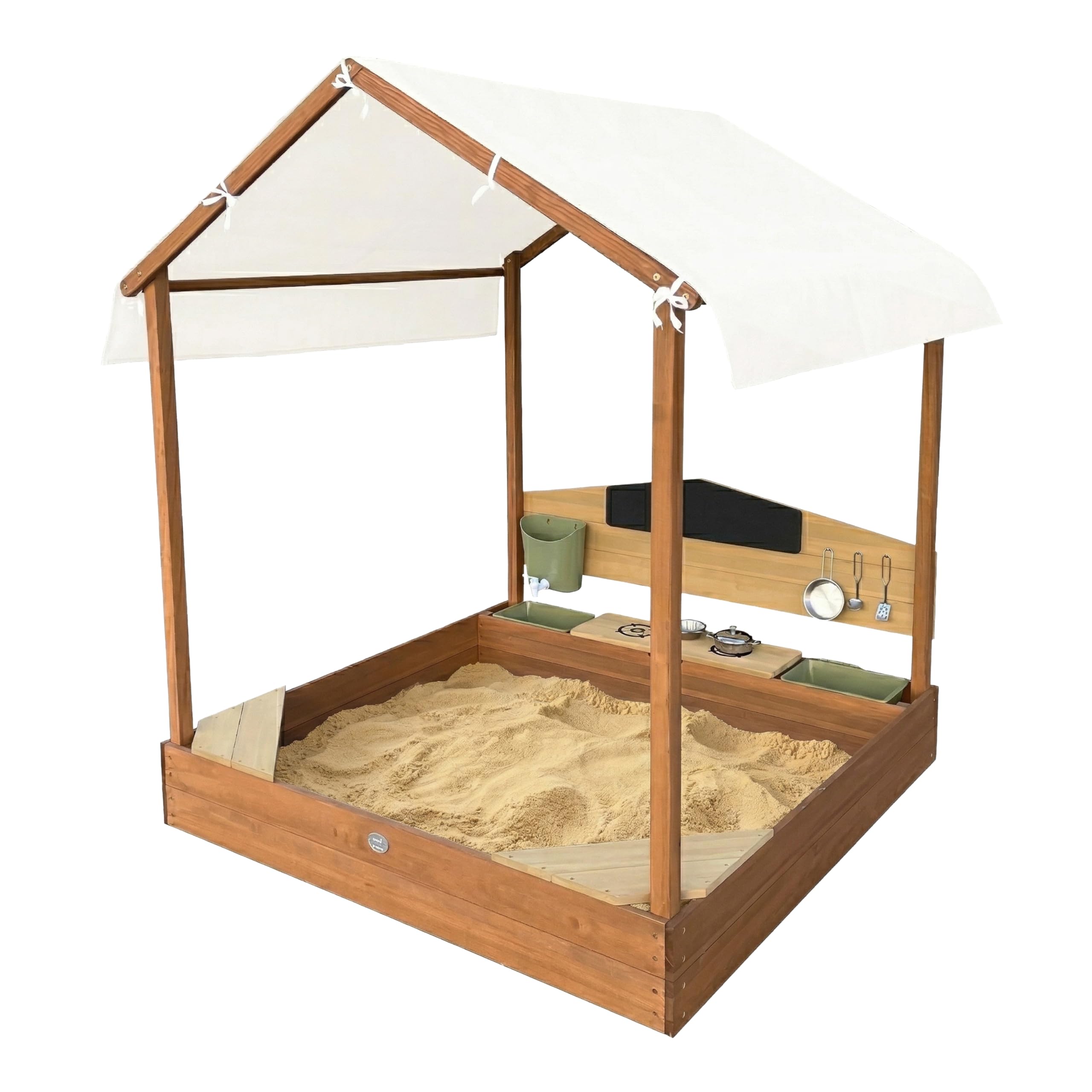 AXI Meli Sabbiera e casetta da gioco in legno con cucina e tettuccio - Marrone | Con lavagna, serbatoio per l'acqua e set da 6 pezzi | Con rivestimento e copertura protettiva | 120 x 120 x 144,5 cm