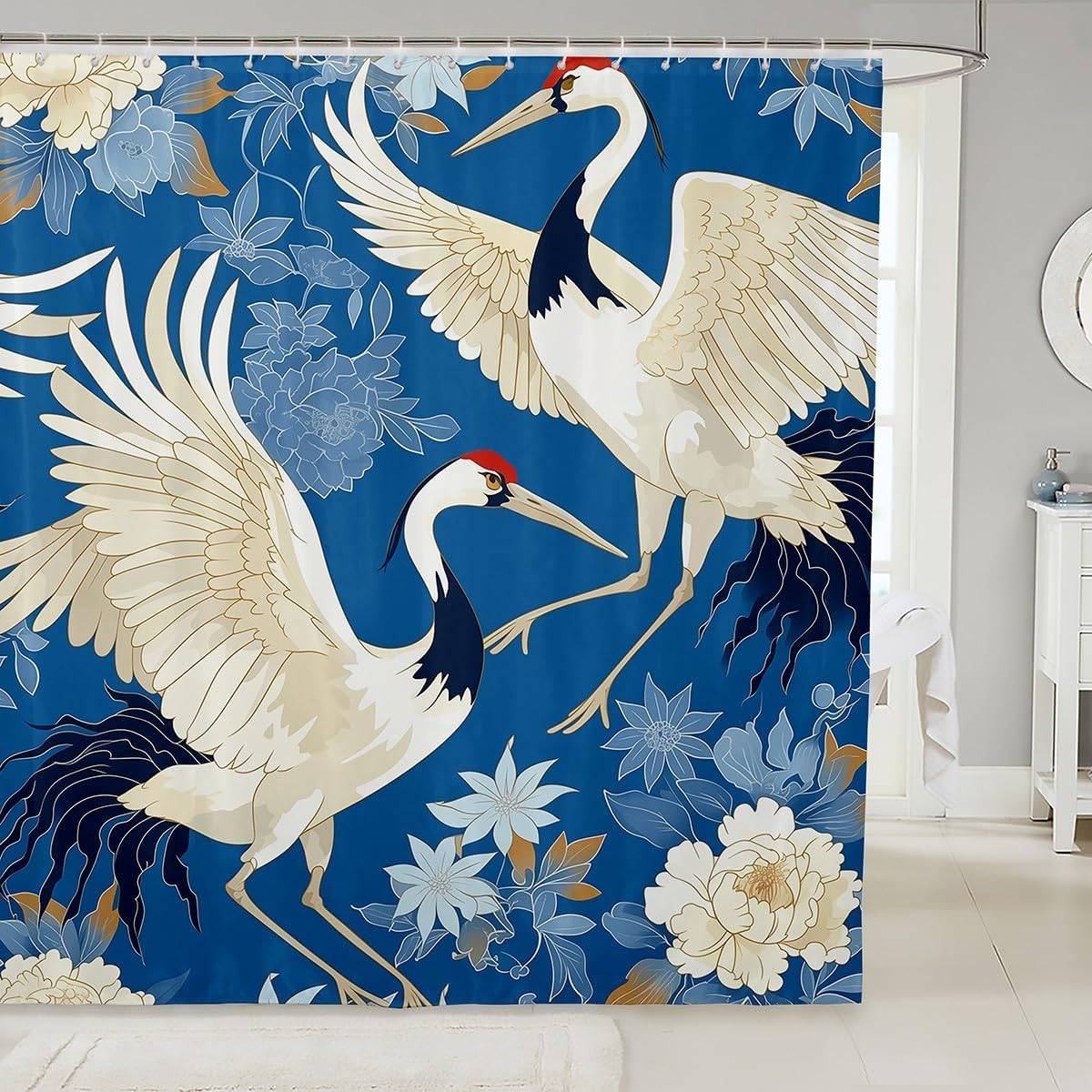 Feelyou Crane Fabric Shower Curtain Flying Bird Flower
