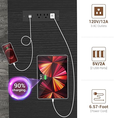 Miniatura 8 de armocity Escritorio para computadora con luces LED, escritorio de 55 pulgadas con toma de corriente y USB, escritorio grande reversible con soporte