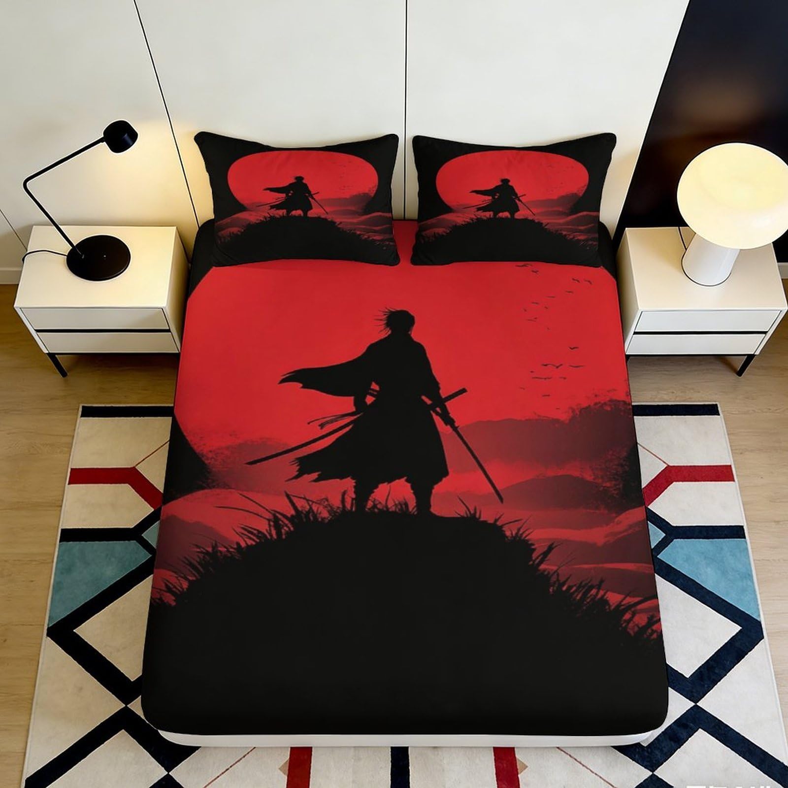 Jqzkxnhpbr Style-8 3D Printed Samurai Sunset Fitted Sheet Microfiber Black Red Warrior Mattress Cover For Bedroom Dorm Decor 90X200x25cm