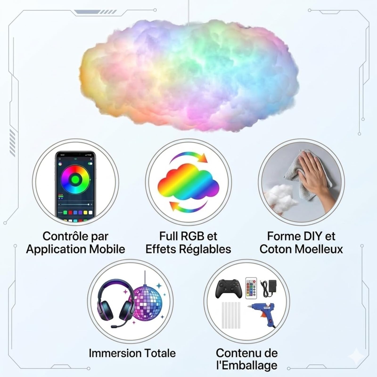 Générique Lampe Plafond LED Nuage 3D RGB Gaming Lampe Led Nuage D'Orage en Coton Moelleux - USB pour Éclairage pour Chambre et Salle de Jeux (5M)