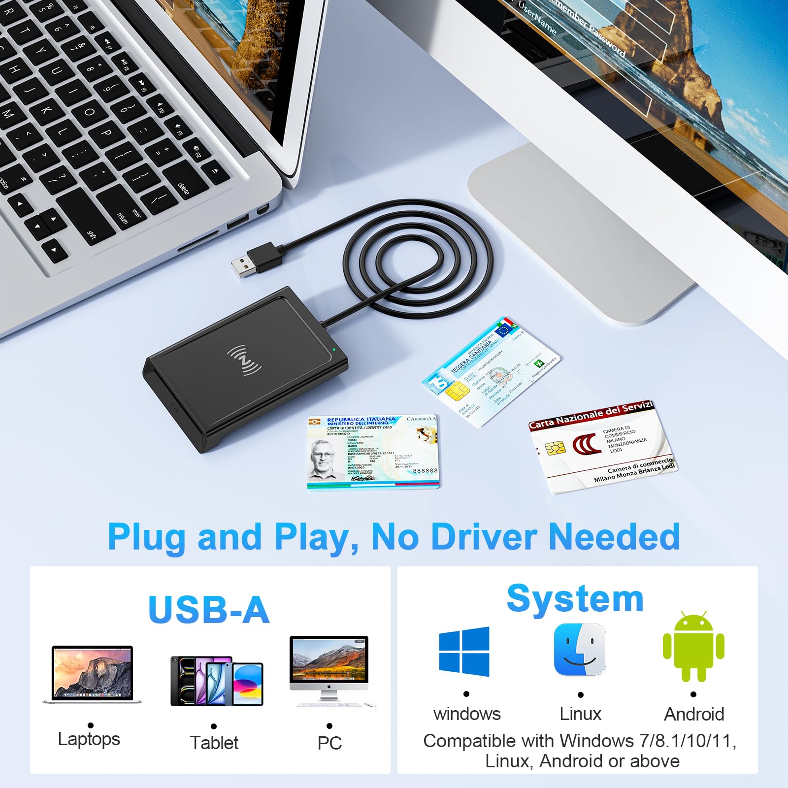 USB Lettore CIE 3.0 Carta d'identità Elettronica e Tessera Sanitaria Italiana,Lettore Smart Card Firma Digitale Lettore NFC Lettore Smart contatto e contactless CIE/CRS/CNS per PC Windows 10 11 Linux