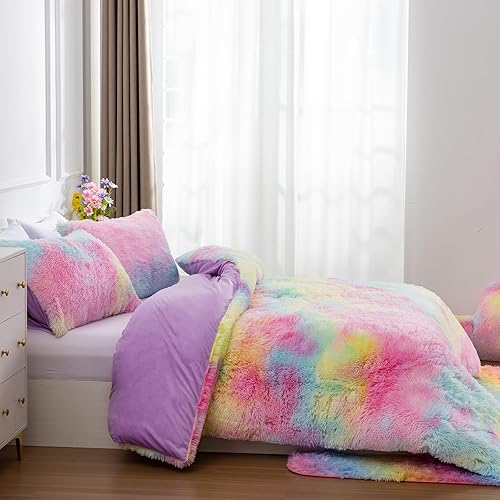 Miniatura 3 de A Nice Night Juego de funda de edredón de pelo sintético lanudo y esponjoso, estilo teñido anudado, juego de ropa de cama de terciopelo cristalino