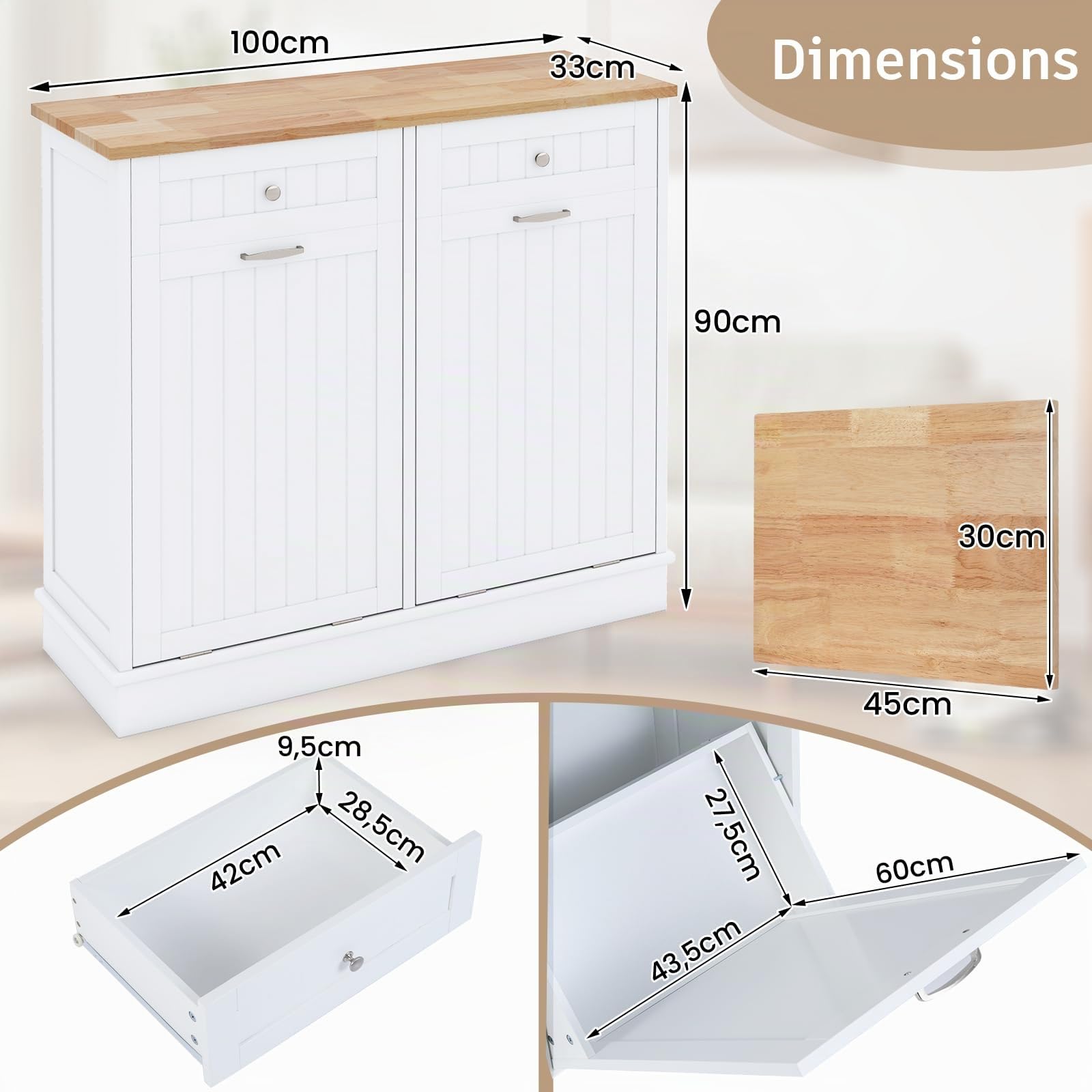 COSTWAY Meuble Cuisine avec 2 Tiroirs, Buffet Cuisine avec 2 Placards 40L, Meuble Poubelle Rangement avec Planche à Découper Amovible, pour Cuisine, Salle de Bain (100 x 33 x 90 cm,Blanc Naturel)