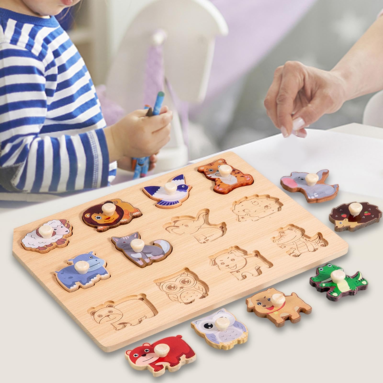 Formenpuzzle Kinderpuzzle Sortierbrett Holzspielzeug Feinmotorik Knopfgriff für Vorschule Geschenk Kinderzimmer, Tier