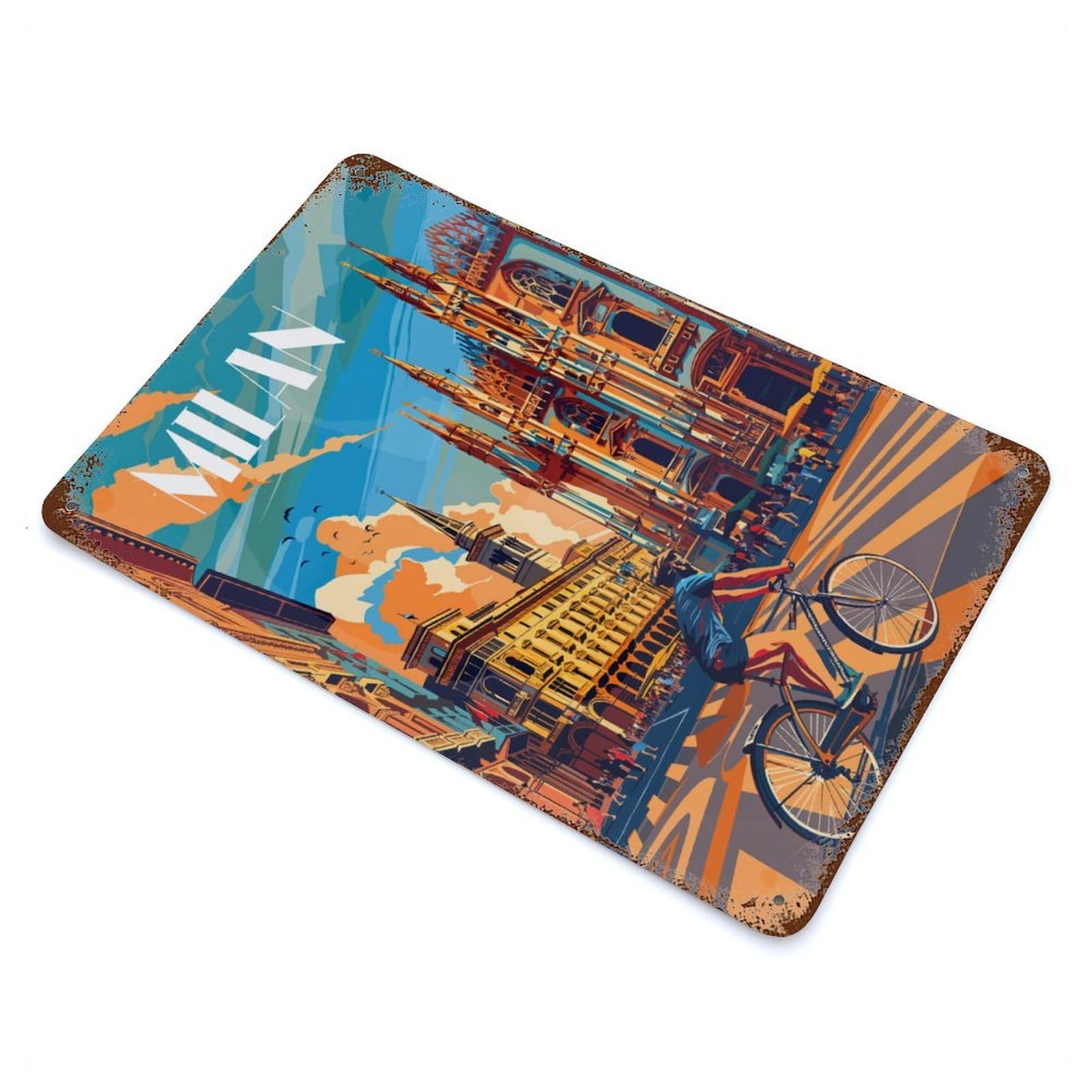Milan Streets Weathered Tin Sign 11.8"x7.9", Ideal for Shed, Workshop And Garage Wall Decor