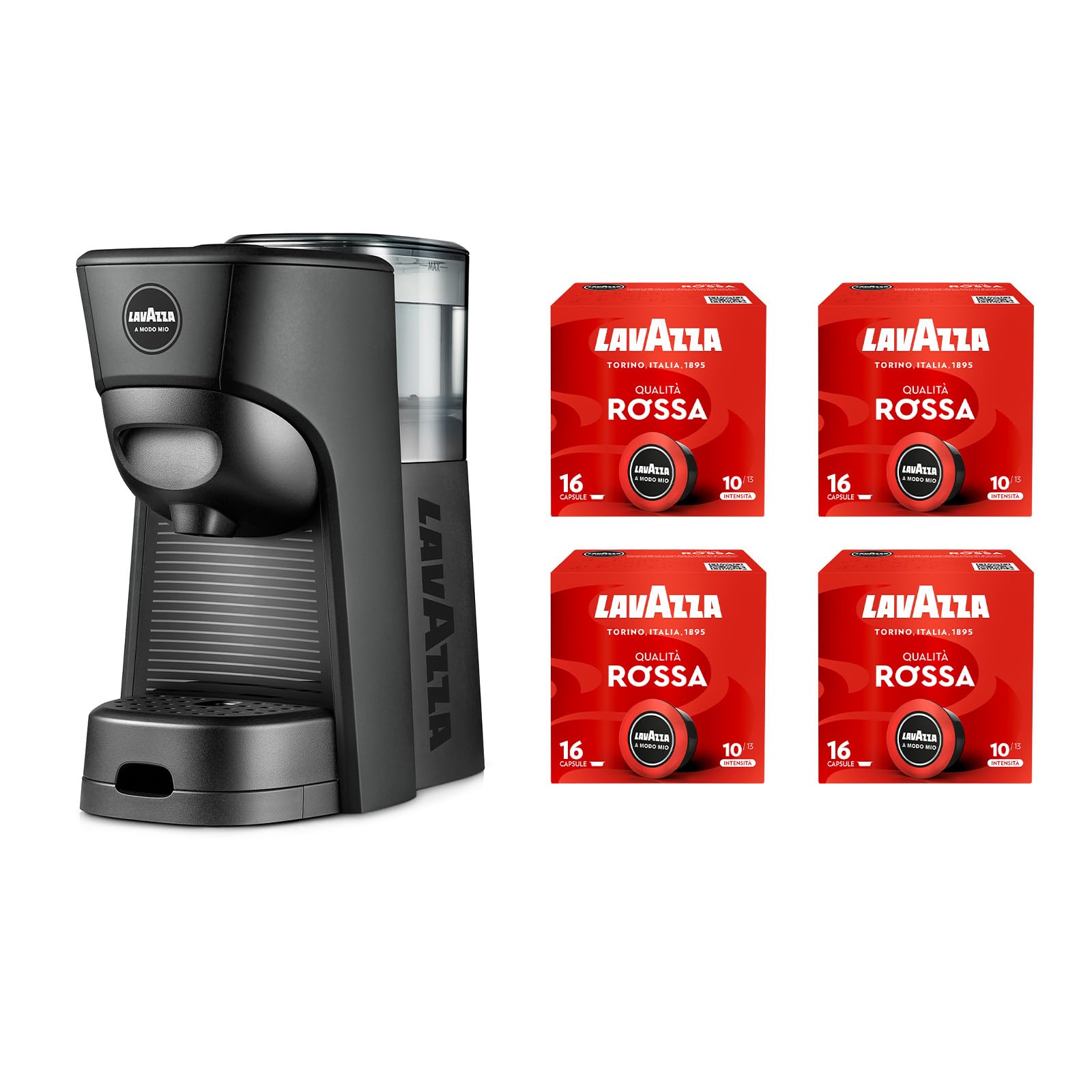 Lavazza, A Modo Mio Tiny Eko czarny ekspres do kawy z 64 kapsułkami w kolorze czerwonym, z recyklingu plastikowy ekspres do espresso, 1450 W, 220-240 V, 50/60 Hz, 0,6 l