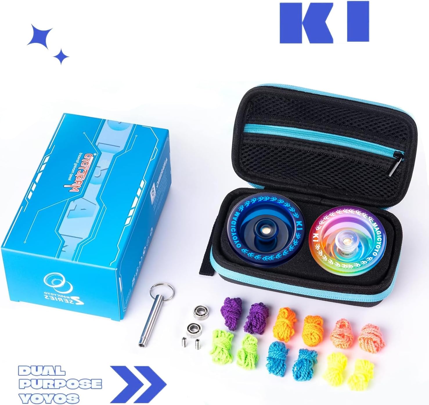 MAGICYOYO Pack of 2 Responsive Yoyos K1 Tug Return Hubstacks Yo-yo for Kids Beginners Dual Purpose Yo Yo with Unresponsive Bearings + Storage Bag + 12 Strings +Hubstacks( Dark Blue & Blue Pink Yellow)