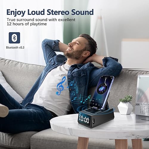 Miniatura 4 de Soporte para teléfono celular con altavoz Bluetooth inalámbrico y reloj despertador, soporte ajustable 3 en 1 con base antideslizante para todos los