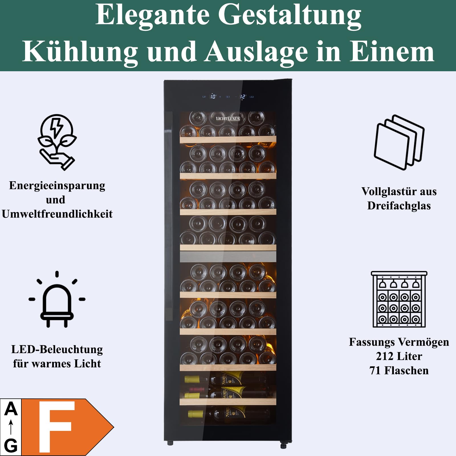 Weinkühlschrank 2 Zonen für 71 Flaschen – Freistehender Weintemperierschrank mit 3-fach UV-Glastür & Holzablagen (5-20°C) – Großer Getränkekühlschrank für Wohnzimmer & Weinkeller