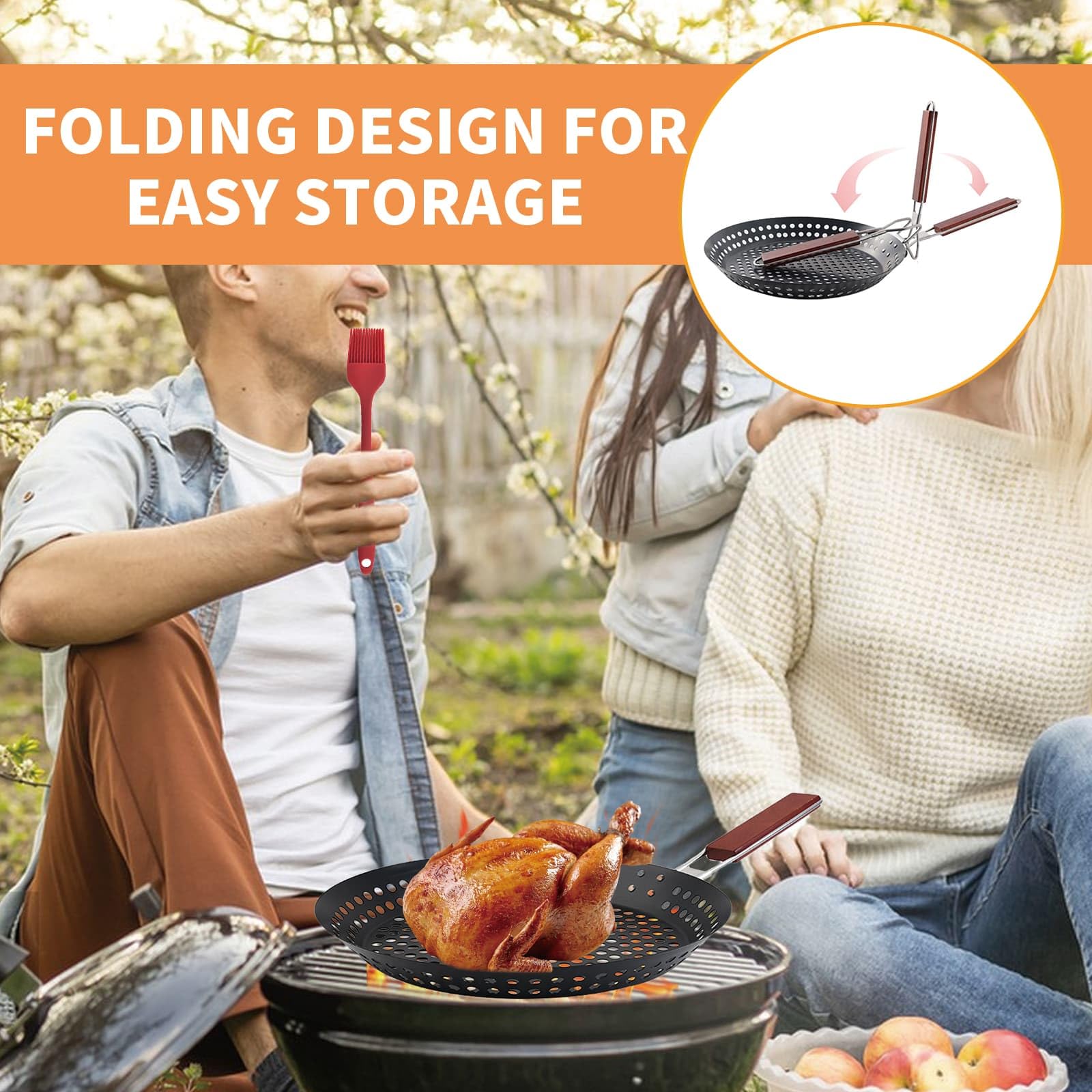 Sartén antiadherente para barbacoa de 12 pulgadas, sartén con mango plegable con agujeros | Sartén de madera con mango plegable para barbacoa al aire libre