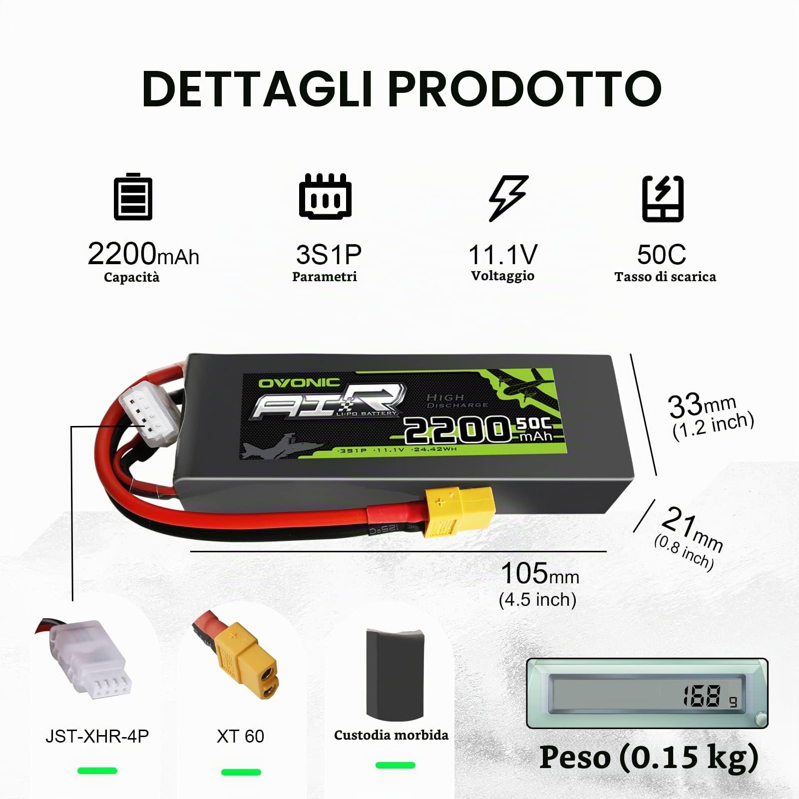 OVONIC 3s Lipo Batteria 11.1V 2200mAh 50C con XT60 per RC Evader BX Auto RC Truck RC Truggy RC Airplane UAV Drone FPV（2pcs）